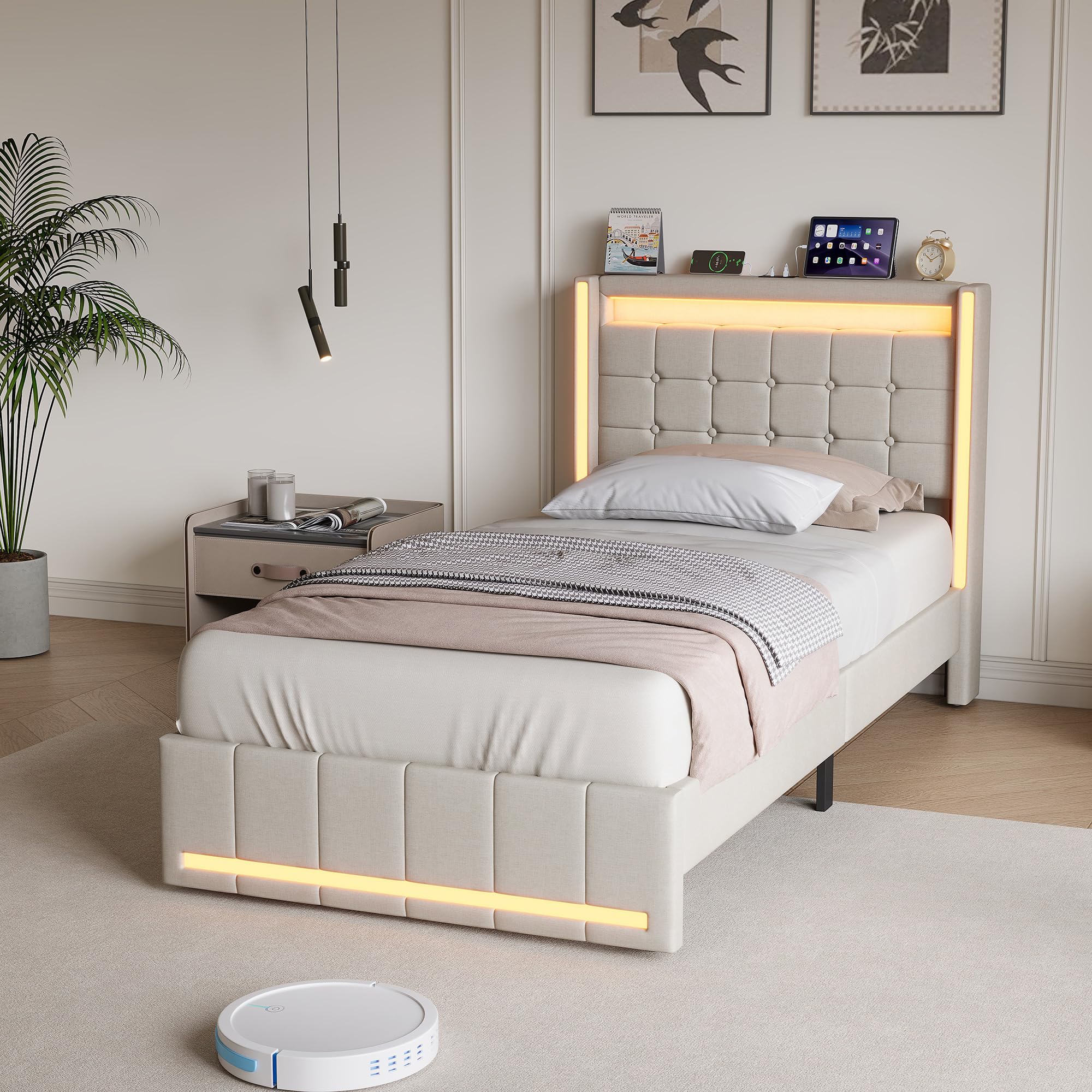 Cama tapizada 90 x 200 cm con espacio de almacenamiento, cama individual con cajones, cama juvenil con iluminación LED y estación de carga, estructura de cama con marco de metal y somier de