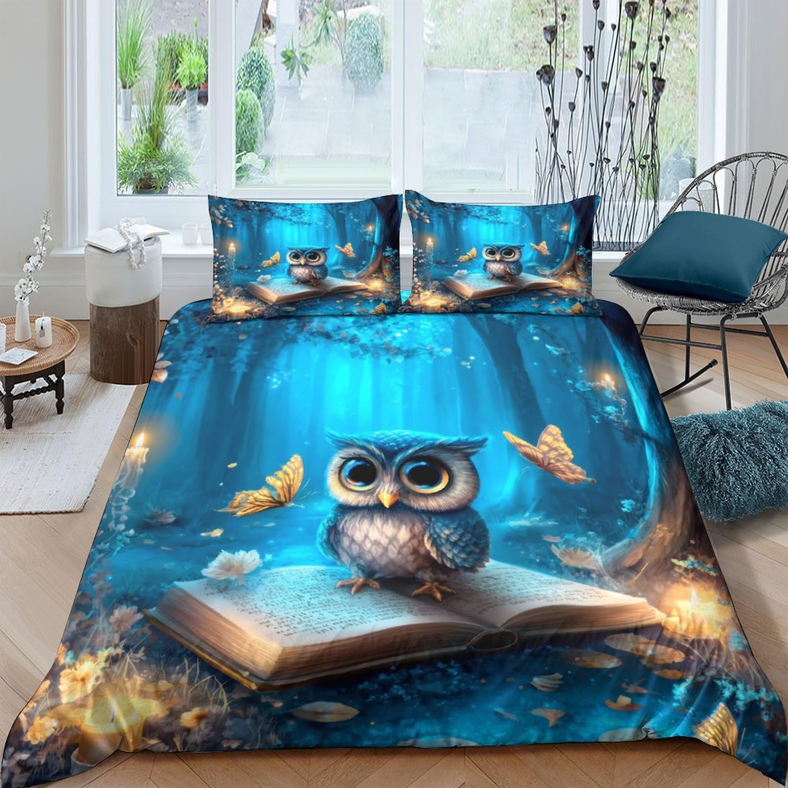 XFKLYNVCJ 3D Printed Magical owl Duvet Cover Microfiber Fantasy forest scene Bed Cover Fade Resistant Stain Resistant Family Home Bedroom Use Single（140x200cm）
