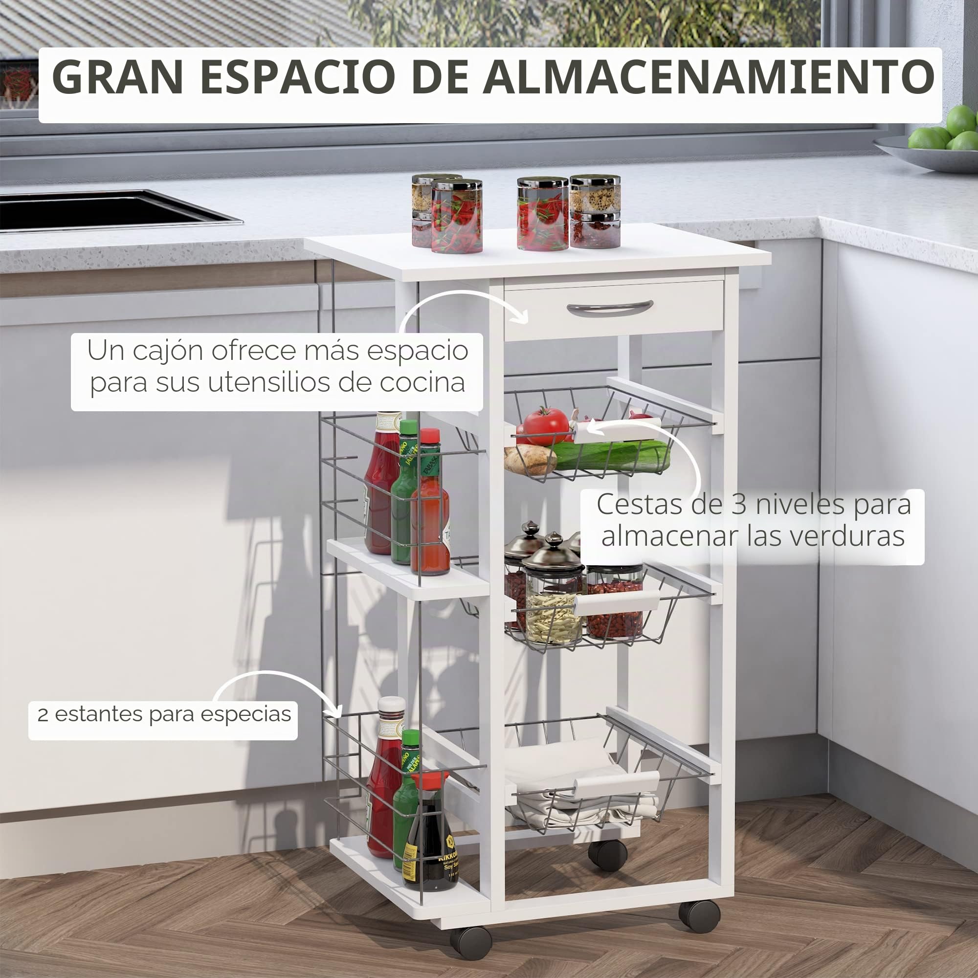 HOMCOM Carro de Servicio de Cocina con Ruedas Madera Pin Blanco | Multialmacenamiento, 3 cestas de metal, cajón, 2 botellas