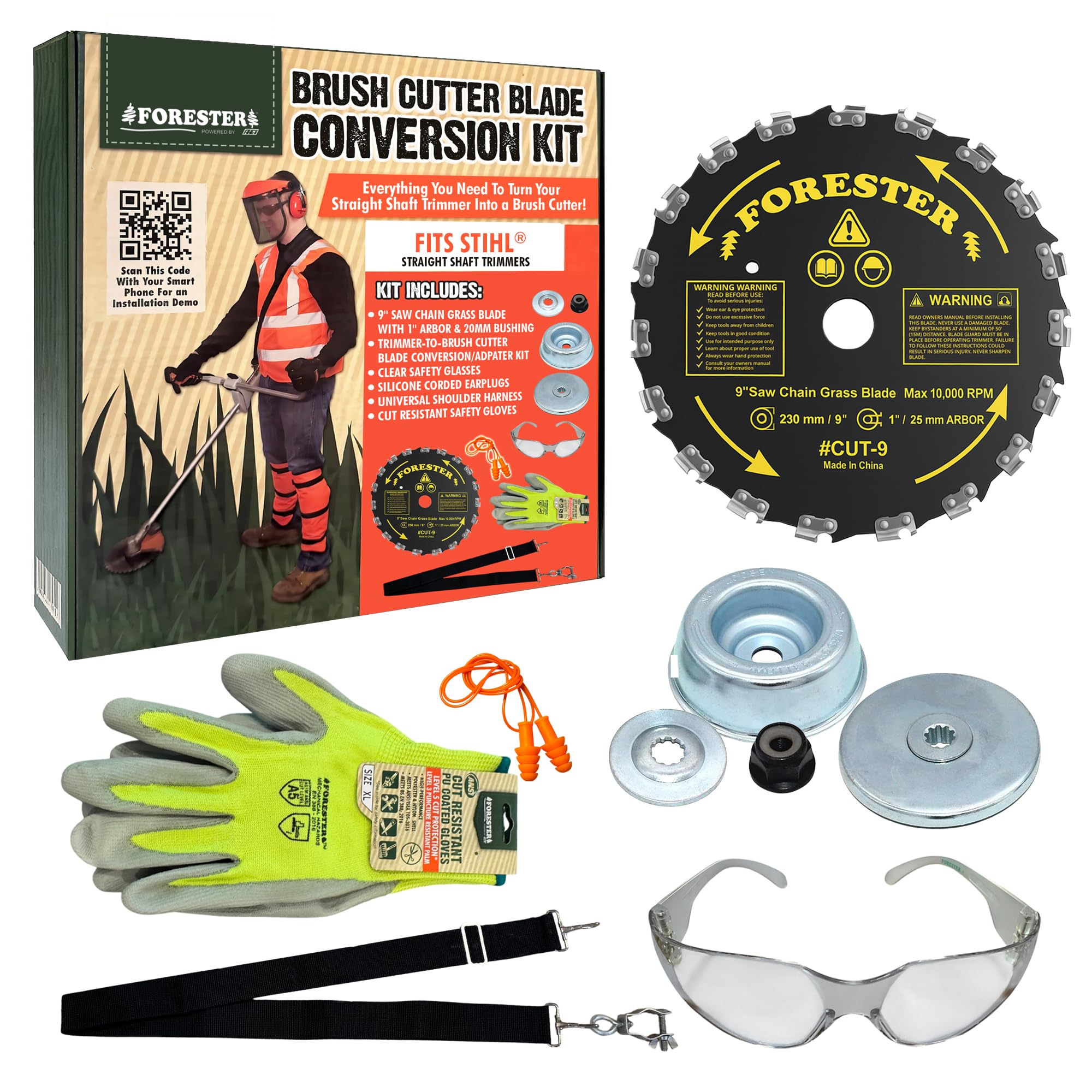 FORESTER Kit de conversión de desbrozadora con corte 9, incluye gafas de seguridad, tapones para los oídos, guantes, arnés, compatible con la mayoría de recortadoras de eje recto Stihl
