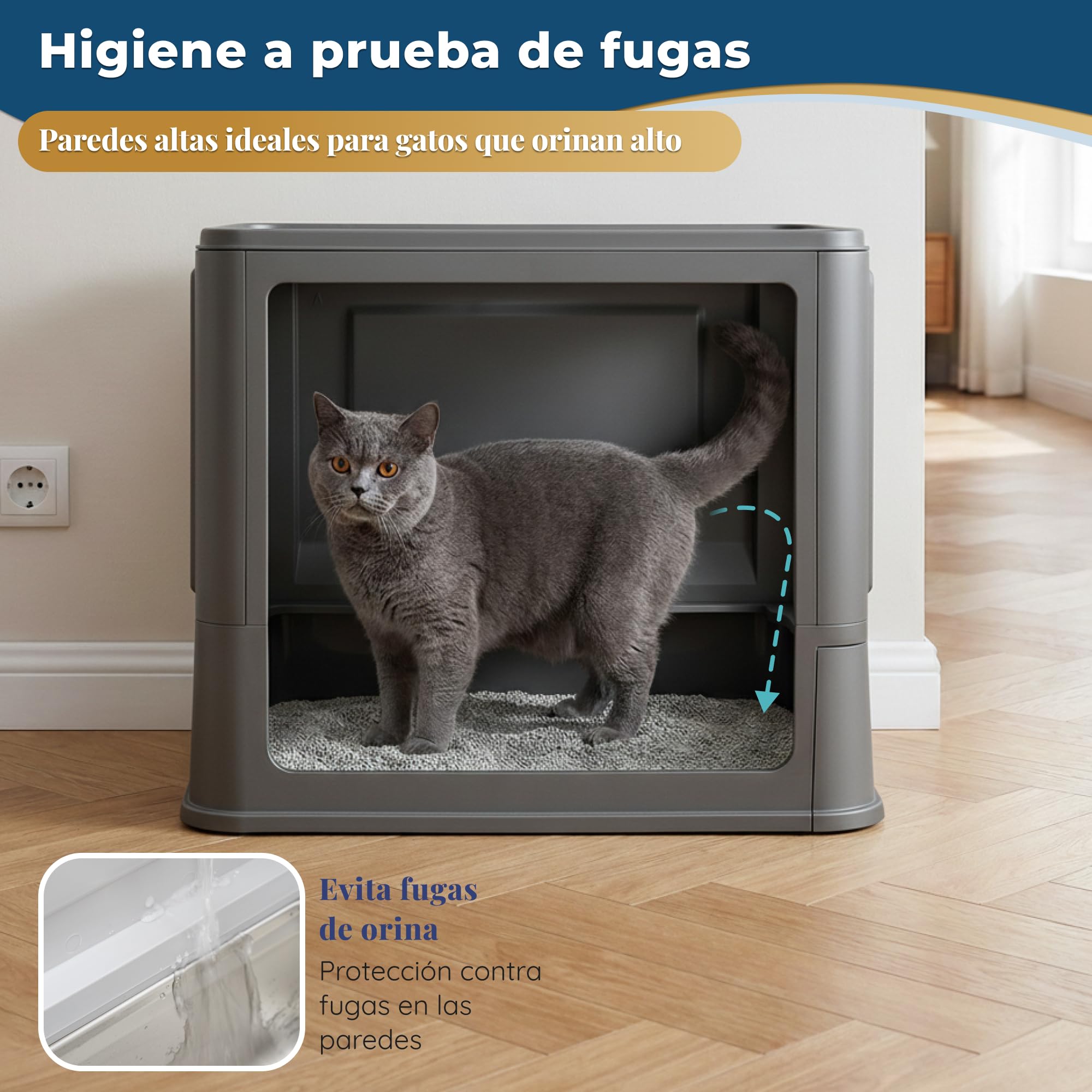 Arenero Gato Acero Inoxidable Cubierto – Caja Arena con Bandeja Extraíble – Antiolores, antifugas, fácil de Limpiar – Arenero para Gatos con Doble Entrada – con Pala – (38,3×51×41 cm) - Negro