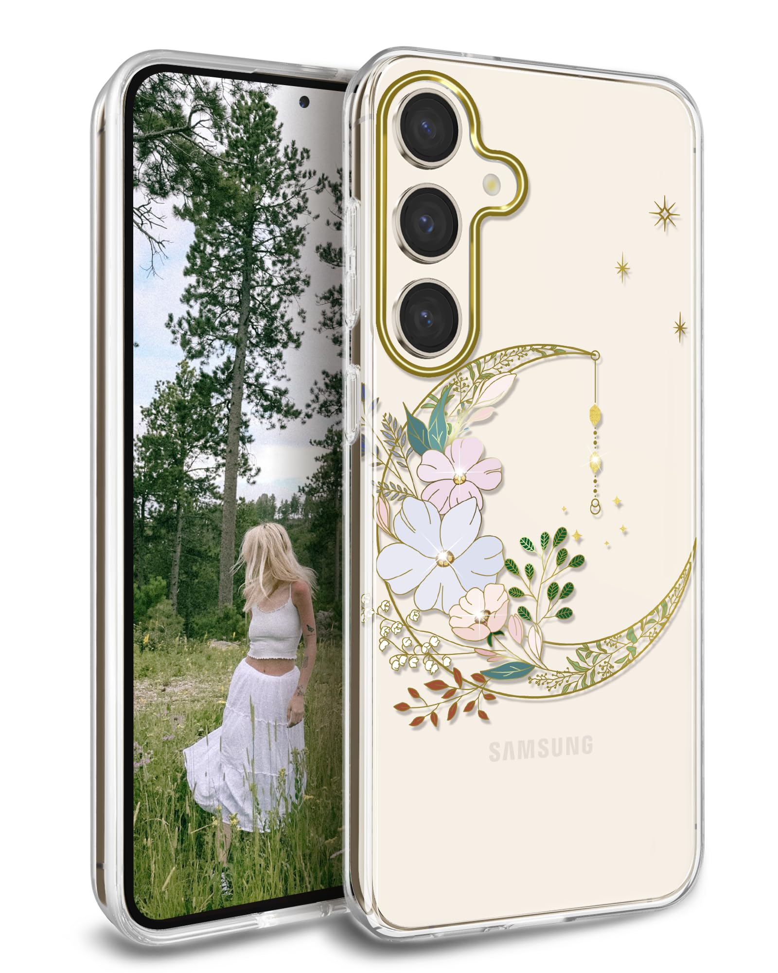 JIAXIUFEN for Galaxy S24 Case Clear Glitter Plating Design Slim Protective Shockproof TPU Hard Back Cover Phone Case for Samsung Galaxy S24 5G 6.2