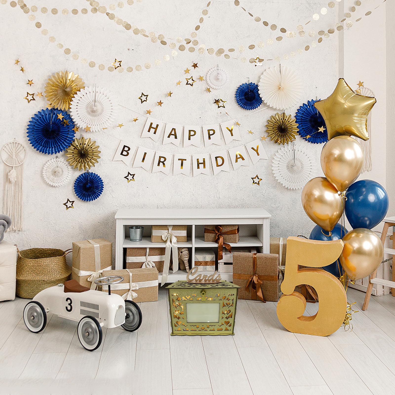 Elegante Holzkartenbox in Gold mit LED Lichterkette Multifunktionale Hochzeitsgeldkasse und Dekoration für Hochzeitsempfang und Party