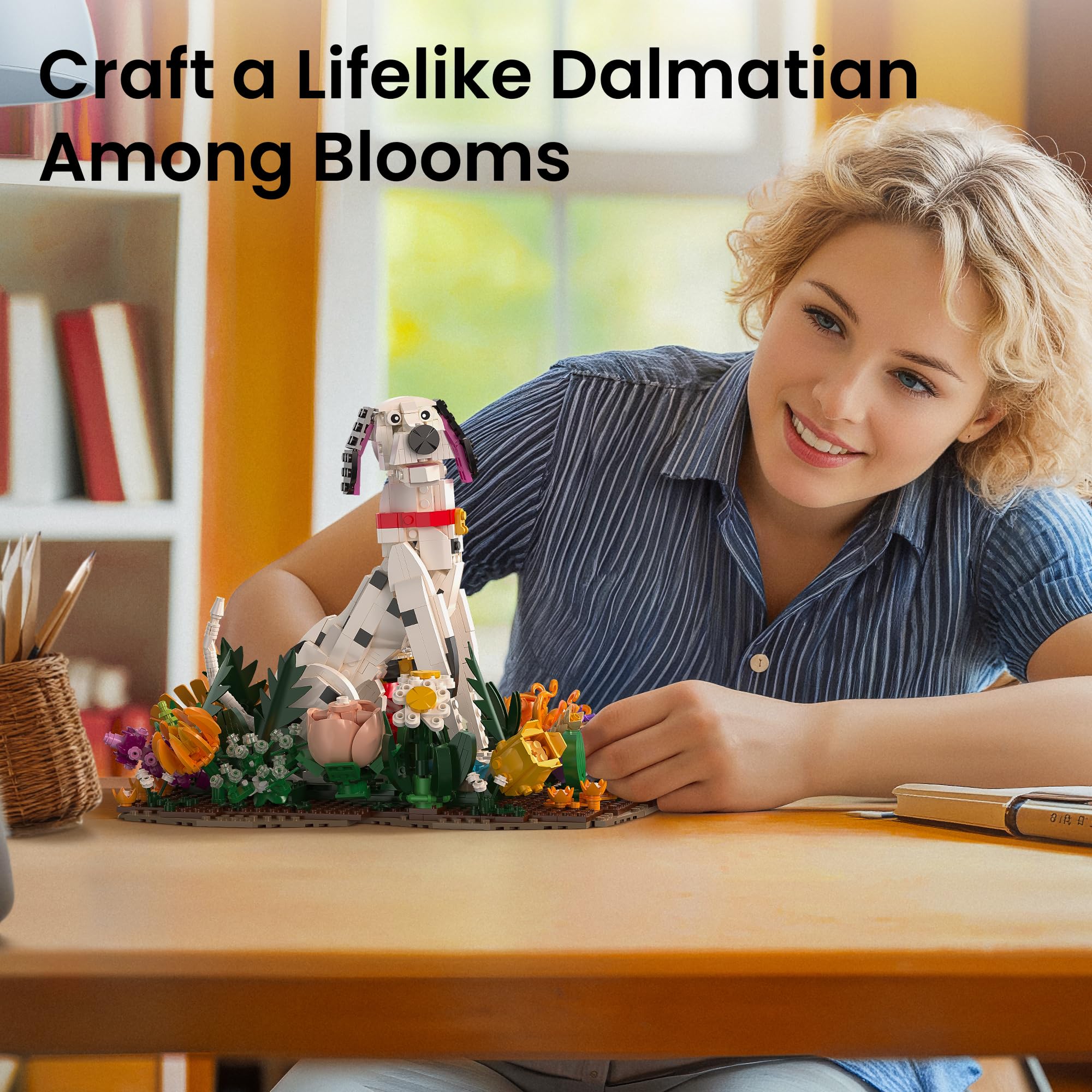 Sillbird Dalmatian Building Kit with Flower, 1097PCS Cute Spotted Dog Animal Model, Home Decor Display - Image 2