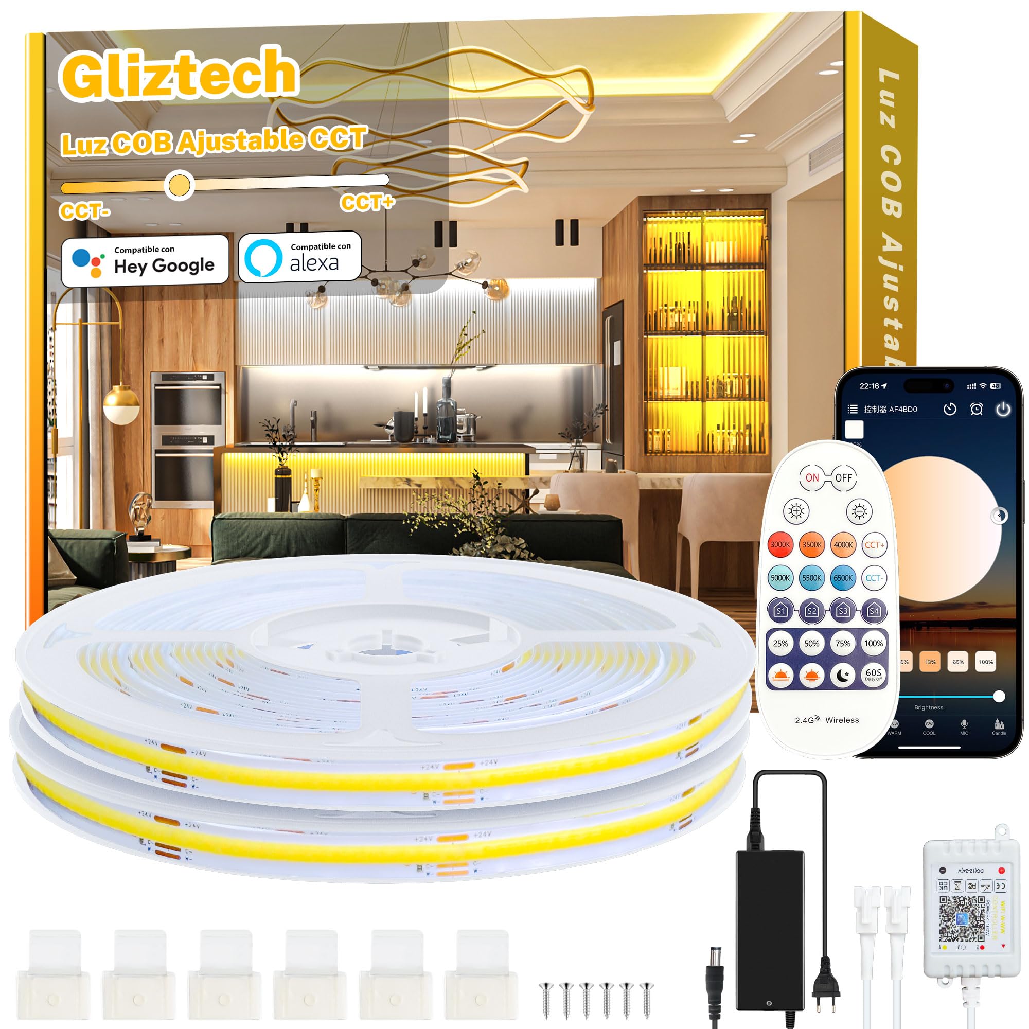 Gliztech 20M Tira Led Cob Blanca Compatible con Alexa, 3000k a 6500k Led Cob Dimmer, Tiras Led de Interior Ultra Brillante, Luz Led Adhesiva para Habitacion Cocina con Control Remoto y Aplicación