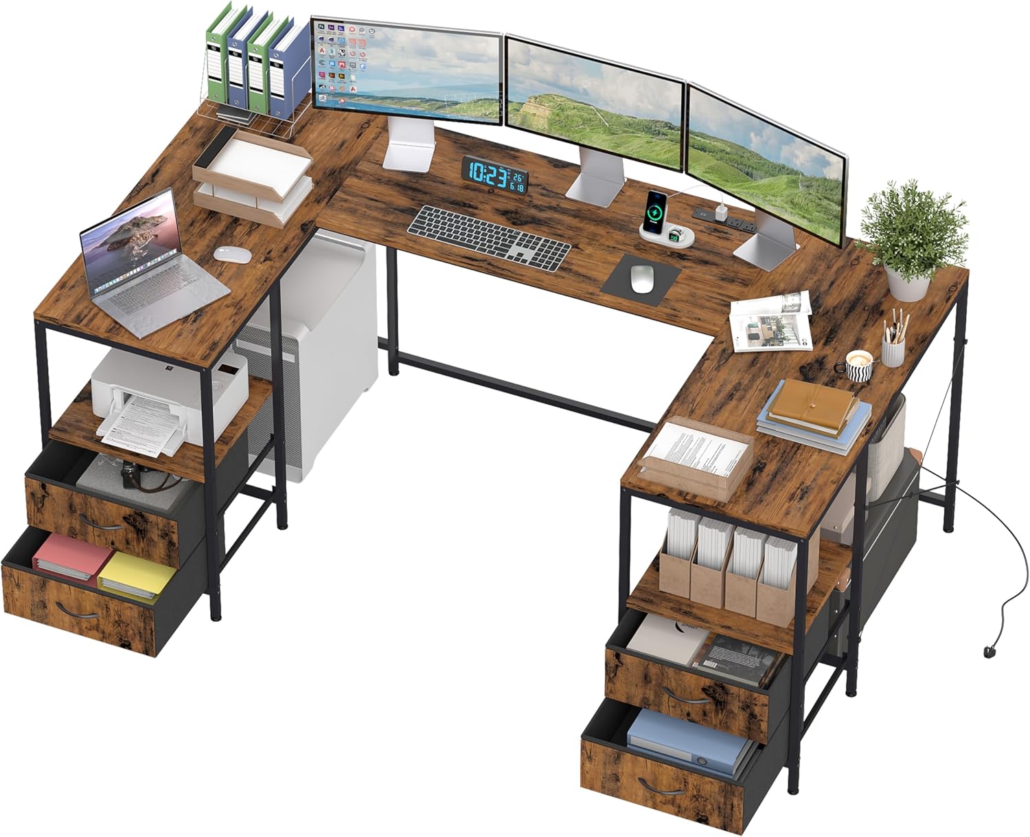 YOSHOOT 67" U Shaped Computer Desk, Reversible L Shaped Gaming Desk | Corner Desk with Power Outlets, 4 Drawers, 2 Storage Shelf, Computer Table with 4 Installation Methods, Rustic Brown