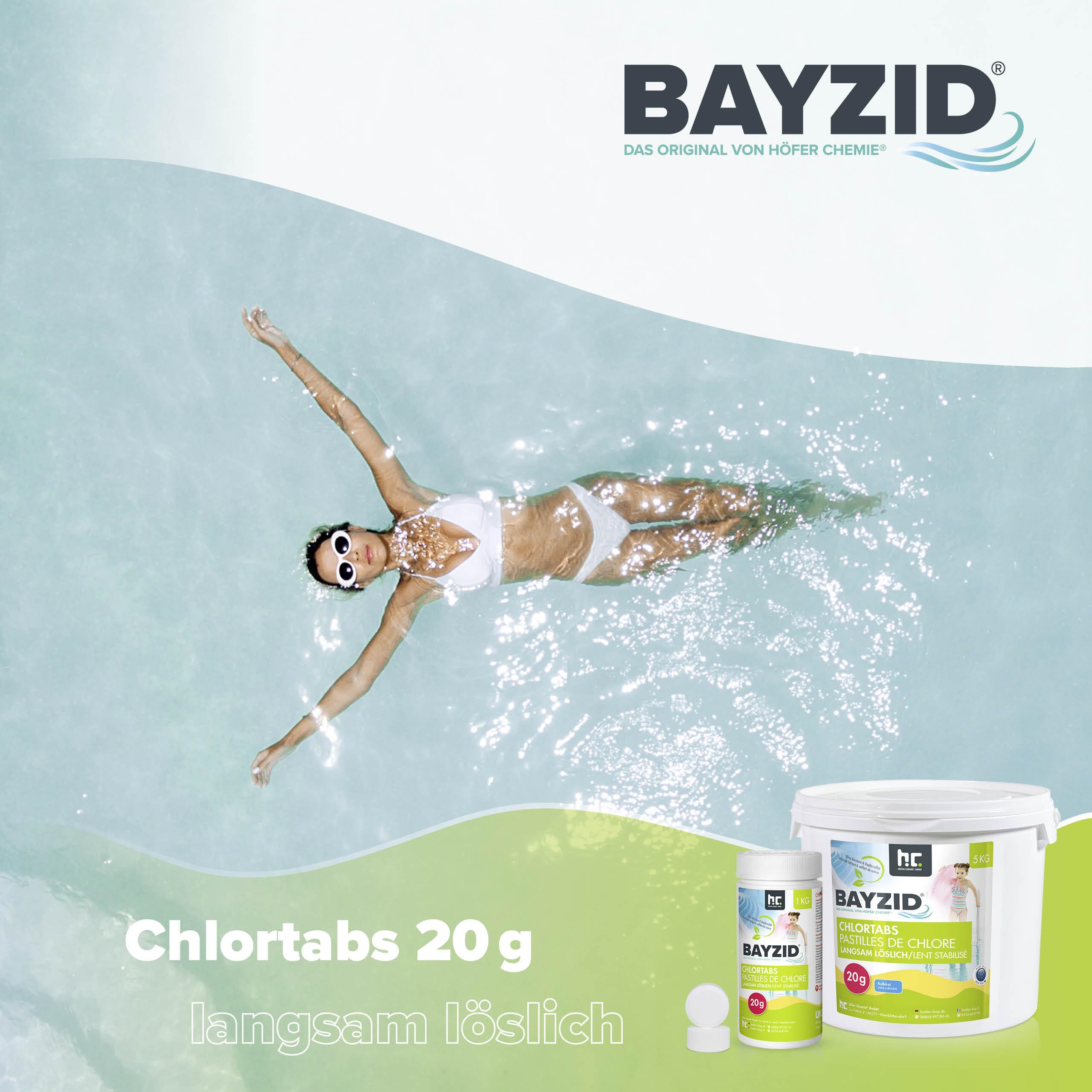 Höfer Chemie 20g Chlor Tabletten langsam löslich im 5 kg Eimer - zur dauerhaften Chlorung von Pool und Schwimmbad - Hochwirksam gegen Bakterien und Pilze - Bayzid