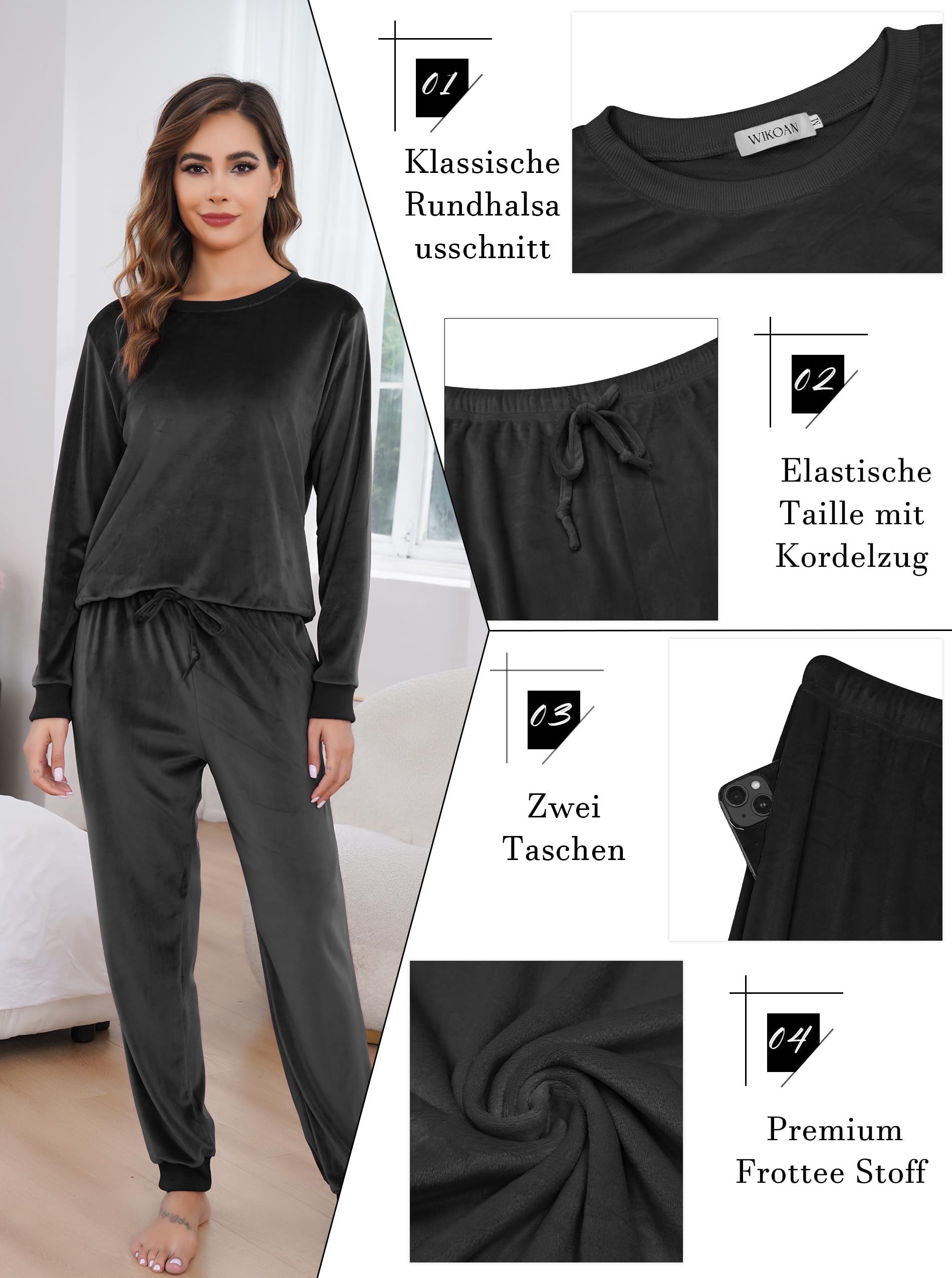 Wikoan Pigiama Donna Invernale Morbido Pile Set Pigiami Due Pezzi Set di Pigiami Loungewear Sleepwear con Tasche,S-XXL
