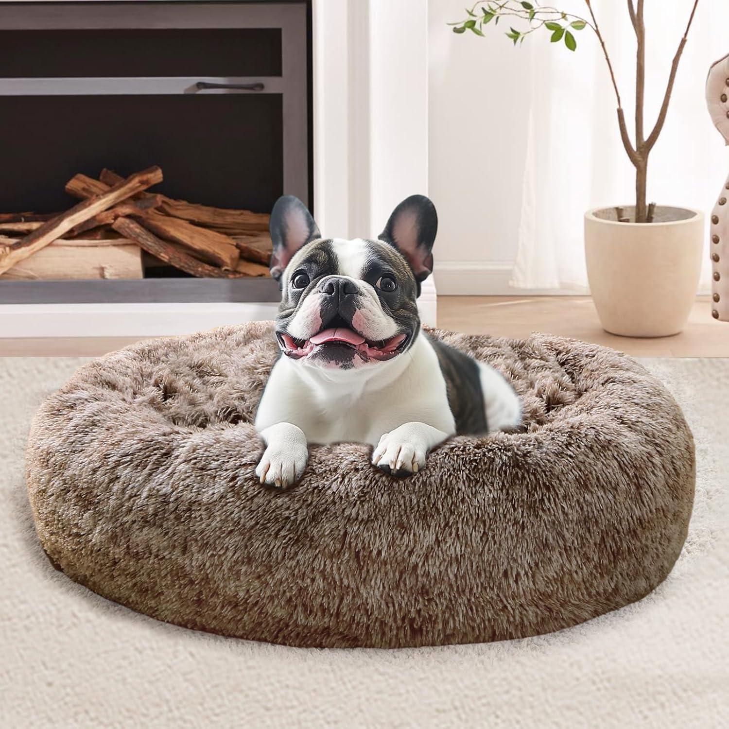 JOLLYVOGUE Calming Dog & Cat Bed for Small Dogs, Anti-Anxiety Donut Cuddler Cozy Soft Round Bed with Anti-Slip Bottom, Fluffy Faux Fur Plush Cushion Beds for Small Medium Dogs, 23"/Smoke Brown 23.0"L x 23.0"W x 8.0"Th Smoke Brown