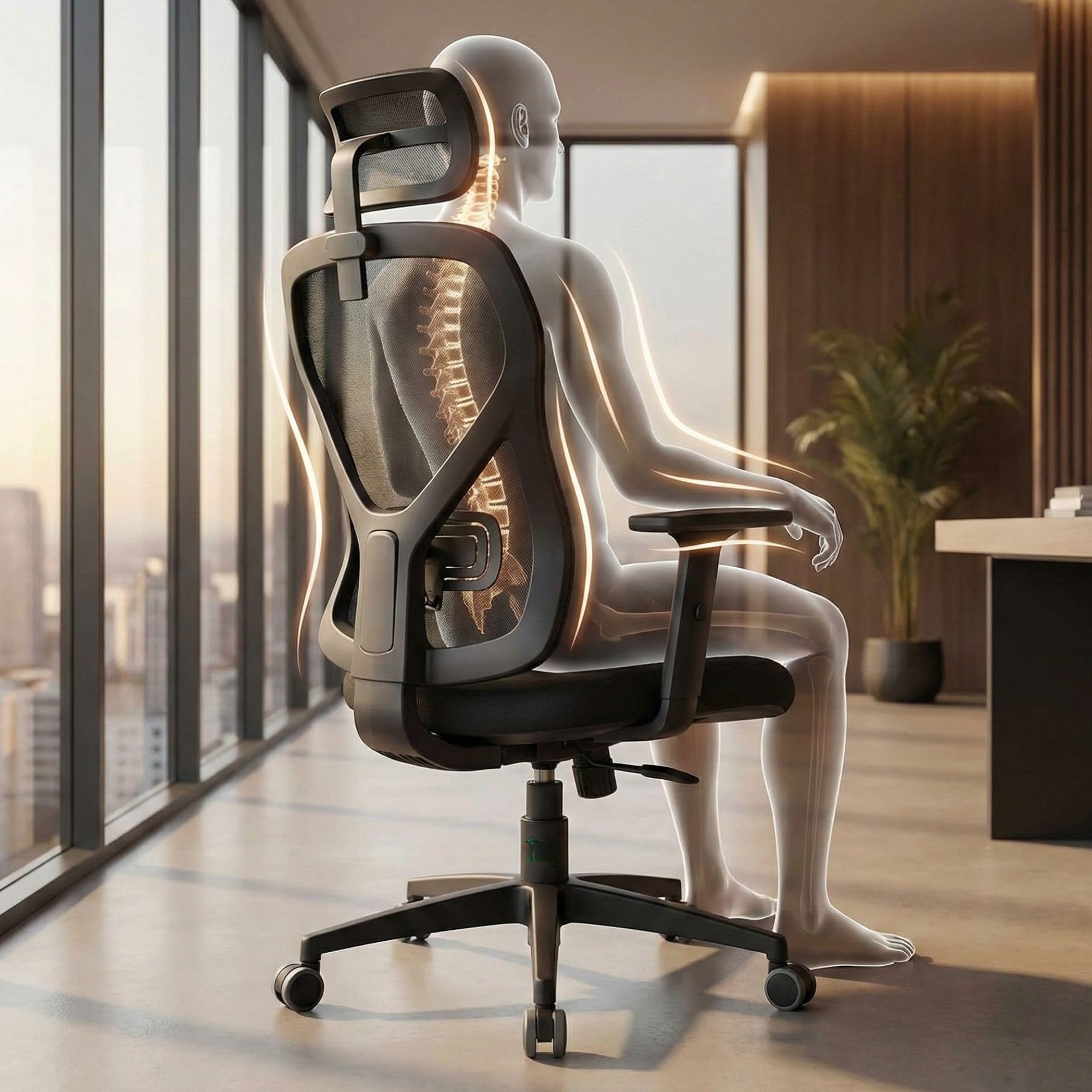 GALIZIA PRIME - Sedia Ufficio Ergonomica Made in Italy Certificata, Poltrona Ufficio con Supporto Lombare, Poggiatesta e Braccioli Regolabili, Realizzata in Rete Traspirante Ignifuga con Ruote Parquet