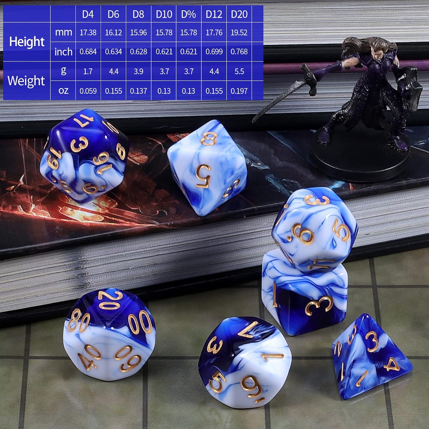 CiaraQ DND Polyhedral Dice Set with Dice Bag for Dungeons and Dragons RPG MTG Role Playing Table Games (Blue Mixed White)