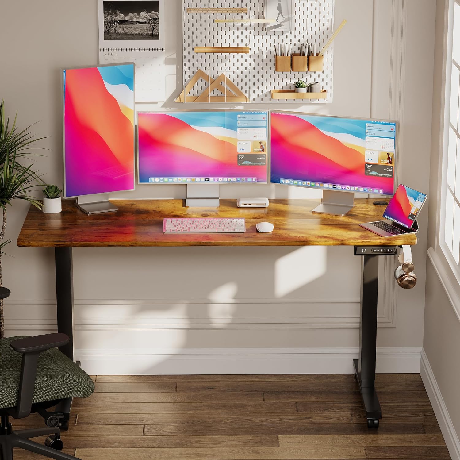 Shahoo Electric Standing Desk 60 Inch, Ergonomic Height Adjustable Table with T-Shaped Metal Bracket Modern Computer Workstations for Home Office, Rustic Brown, 60 x 24 Inch