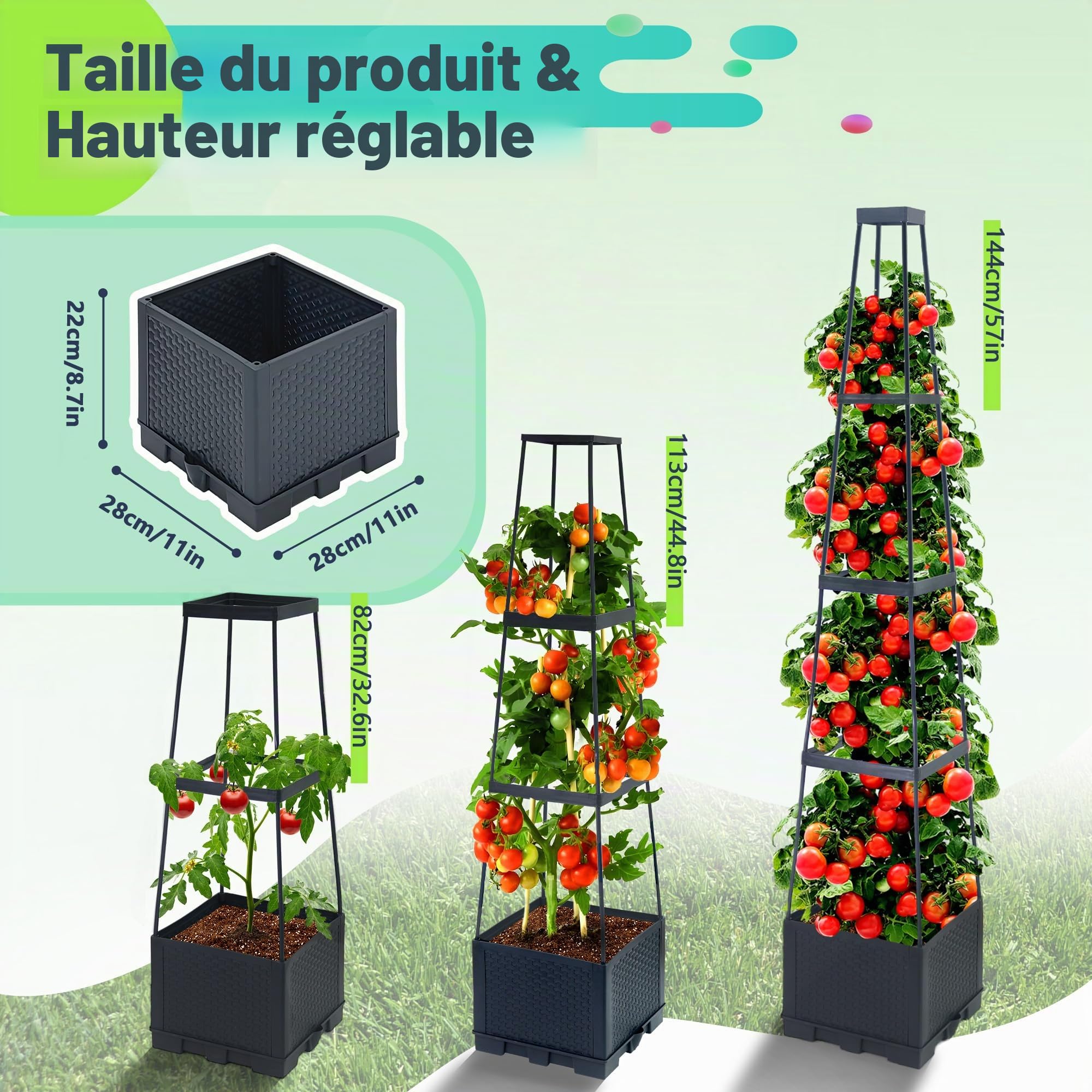 2 Pack Jardinières surélevées avec Treillis, 144cm Pot à Tomates Autoirriguant avec Support Trapézoïdal pour Plantes Grimpantes, Fleurs et Légumes, Intérieur et Extérieur