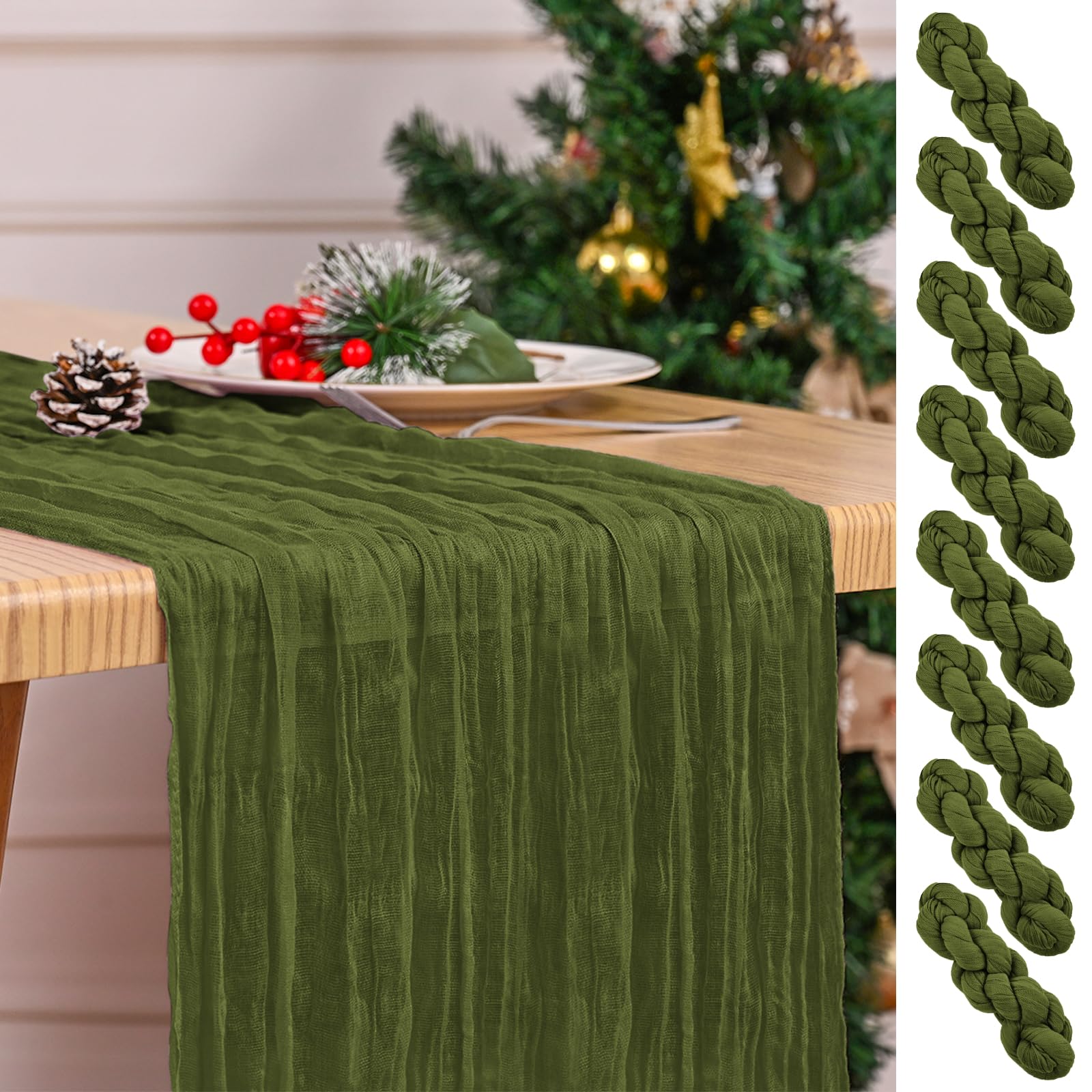 8 Pack Olive Green Table Runner 17 x 108inch Cheesecloth Table Runner Boho Gauze Table Runners for Dining Table Rustic Sheer Fabric Table Runners for Wedding Party Bridal Shower