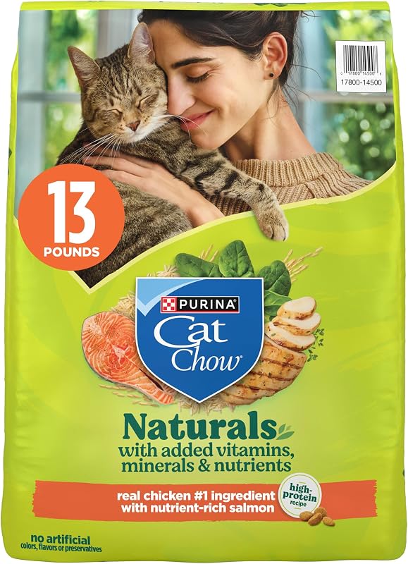 Purina Cat Chow Naturals con vitaminas, minerales y nutrientes agregados Alimento seco para gatos, Naturals Original - Bolsa de 13 lb | Comida para gatos de interior con pollo y salmón reales y cereales integrales, nutrición natural con vitaminas, minerales y nutrientes añadidos