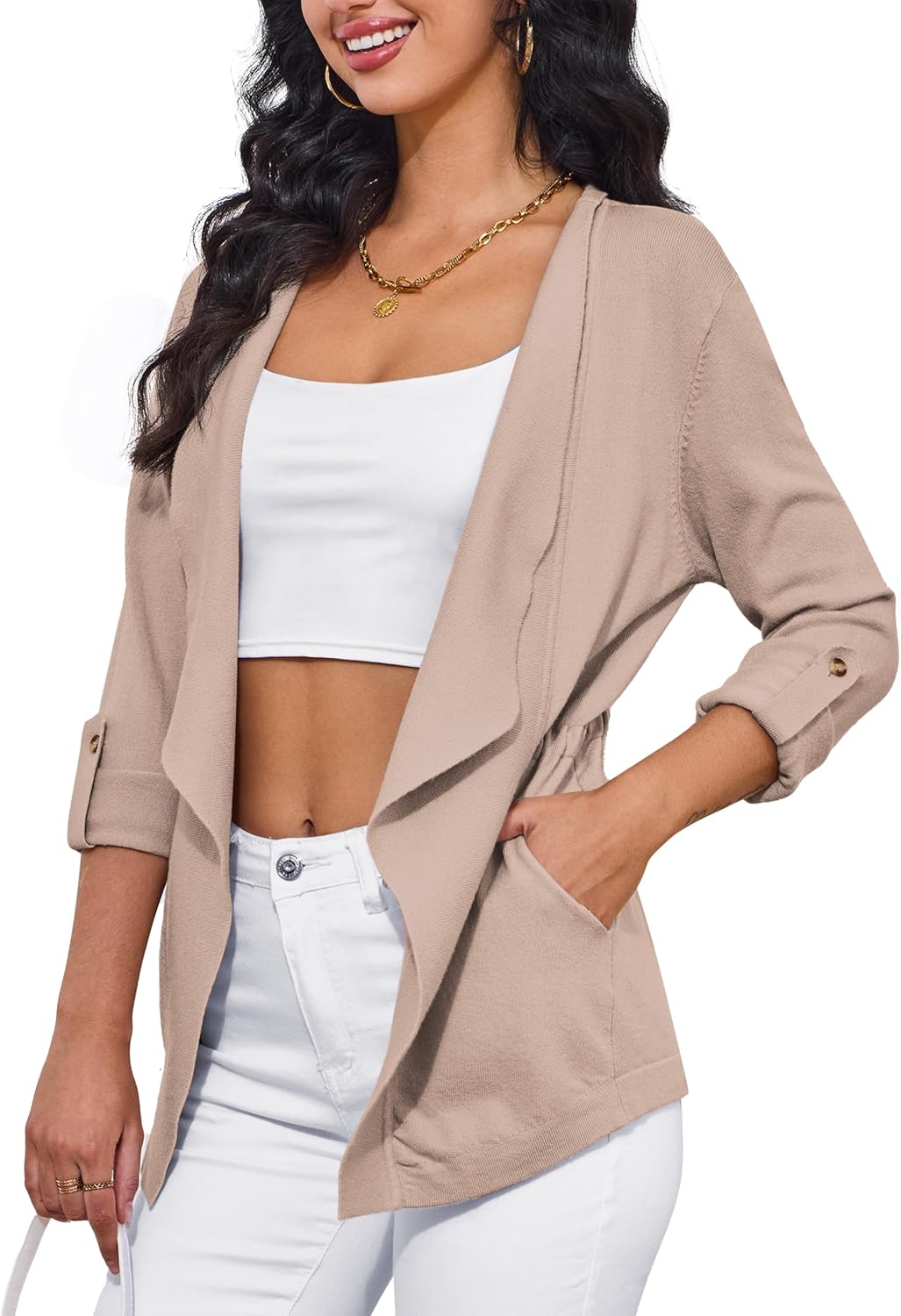 Womens Sweaters 3/4 Roll Sleeve Drawstring Waist Lapel Cardigan for Women with Pockets, S-XL Womens Sweaters 3/4 Roll Sleeve Drawstring Waist Lapel Cardigan for Women with Pockets, S-XL