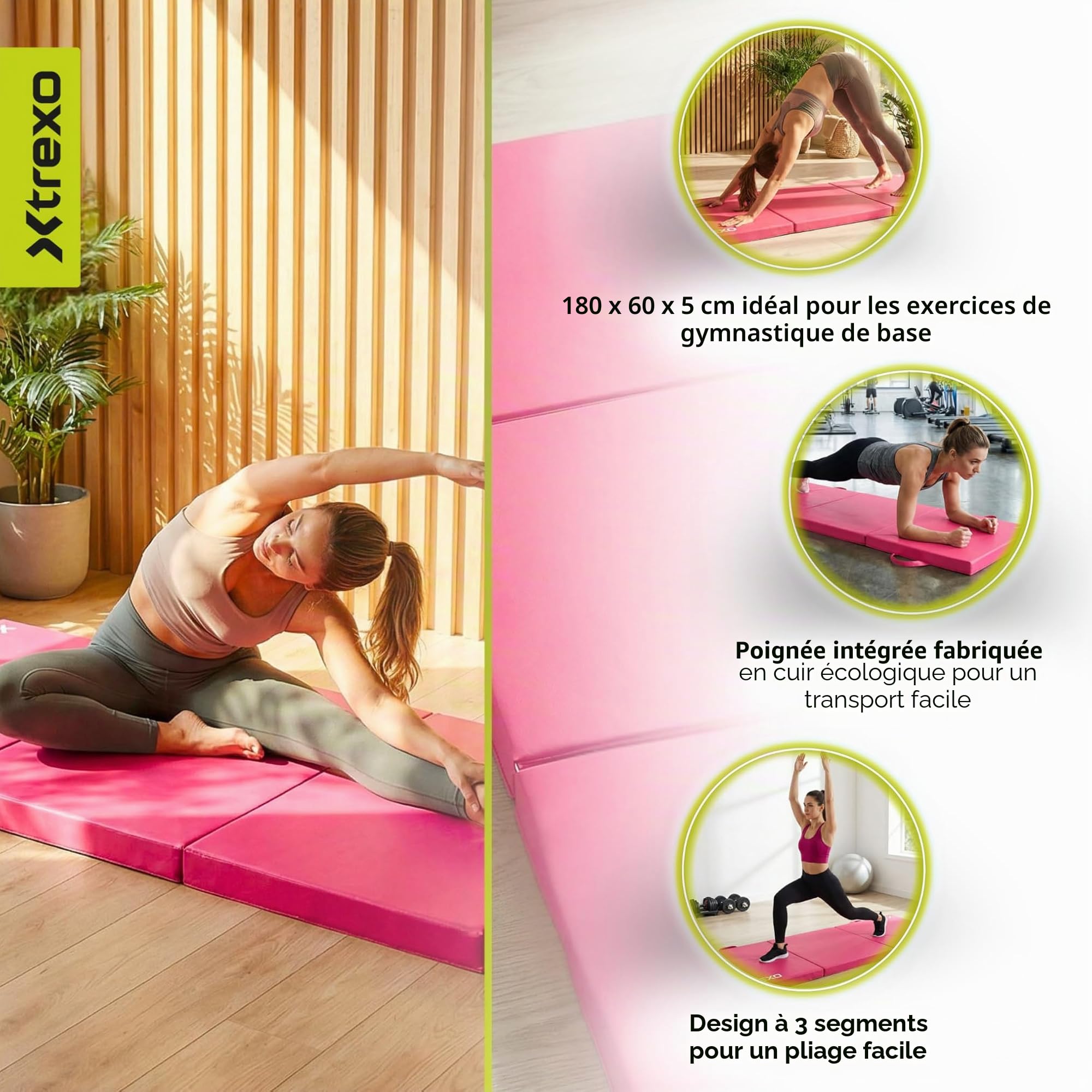 TREXO – Tapis de Gymnastique Pliable 180 x 60 x 5 cm 3-Panneaux – Tapis d’Entraînement Portable avec Poignée, Mousse EPE & Revêtement Similicuir – Rose