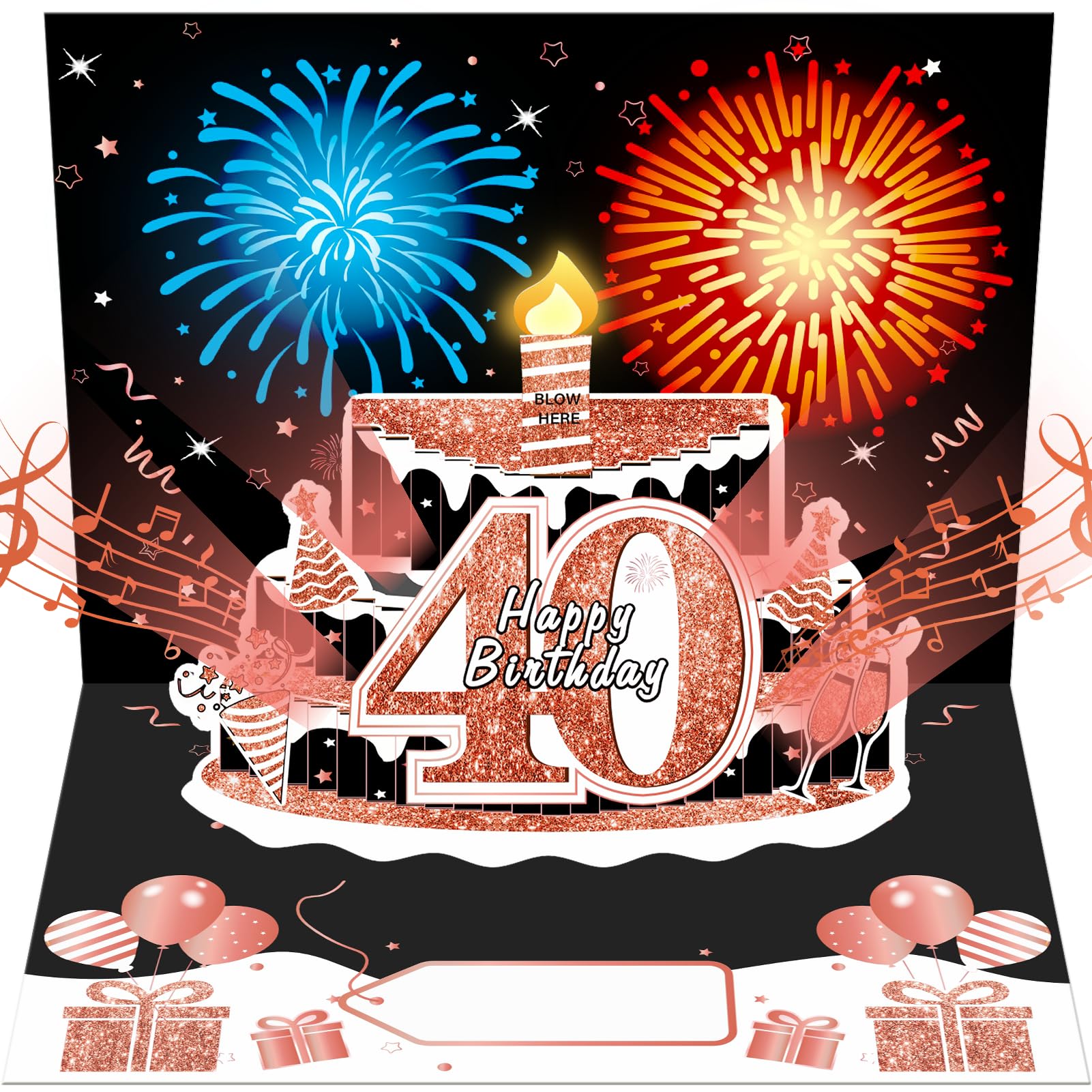 Uiorgui 40th Birthday Cards for Women, Pop Up Cake Blow Out Candle Fireworks Light and Music Black Rose Gold Happy 40th Birthday Card Gift for Women,