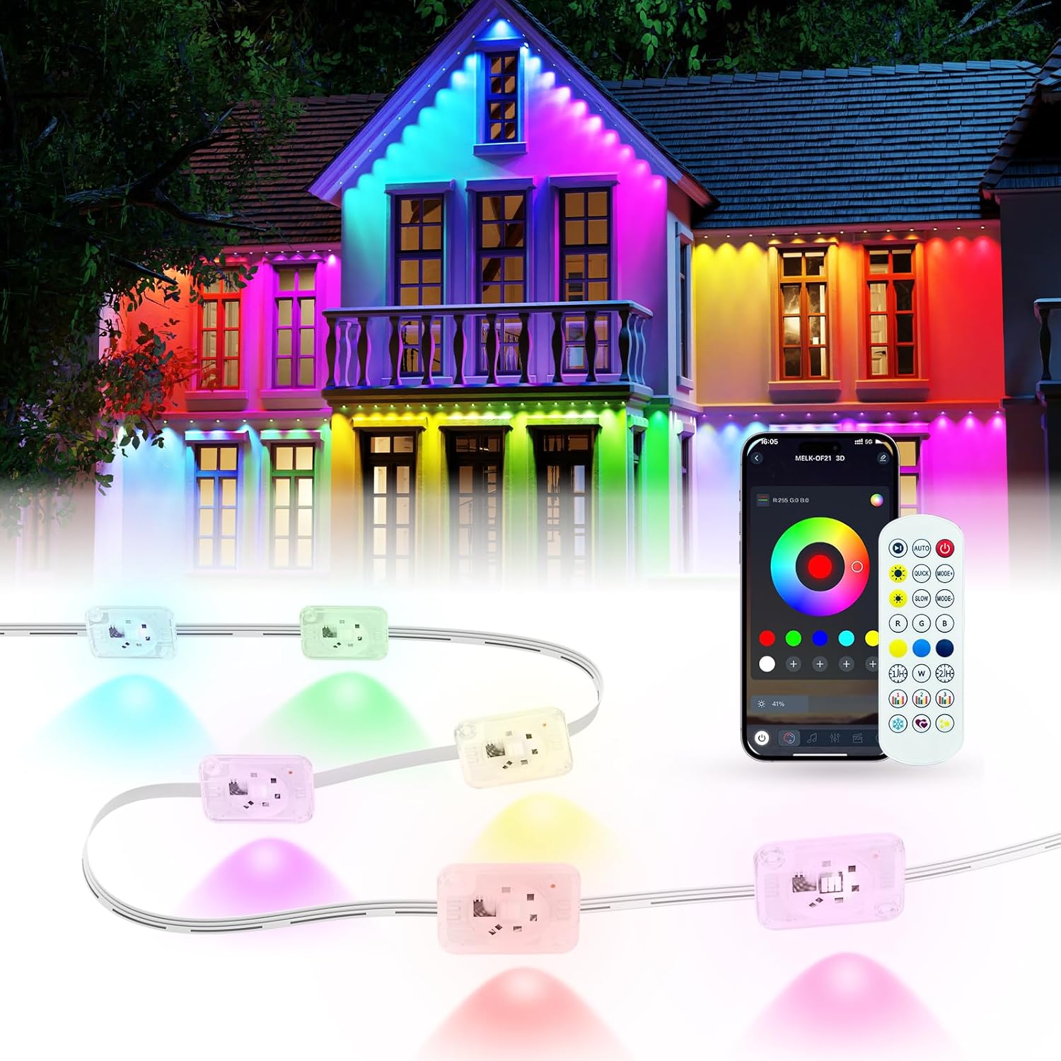 Permanent Outdoor Lights for House, 200ft Smart RGB LED Outdoor Halloween Lights with App/Remote Control, IP67 Waterproof Lighting with Multi Scene Modes for Daily, Party, Holiday, Garden Decor