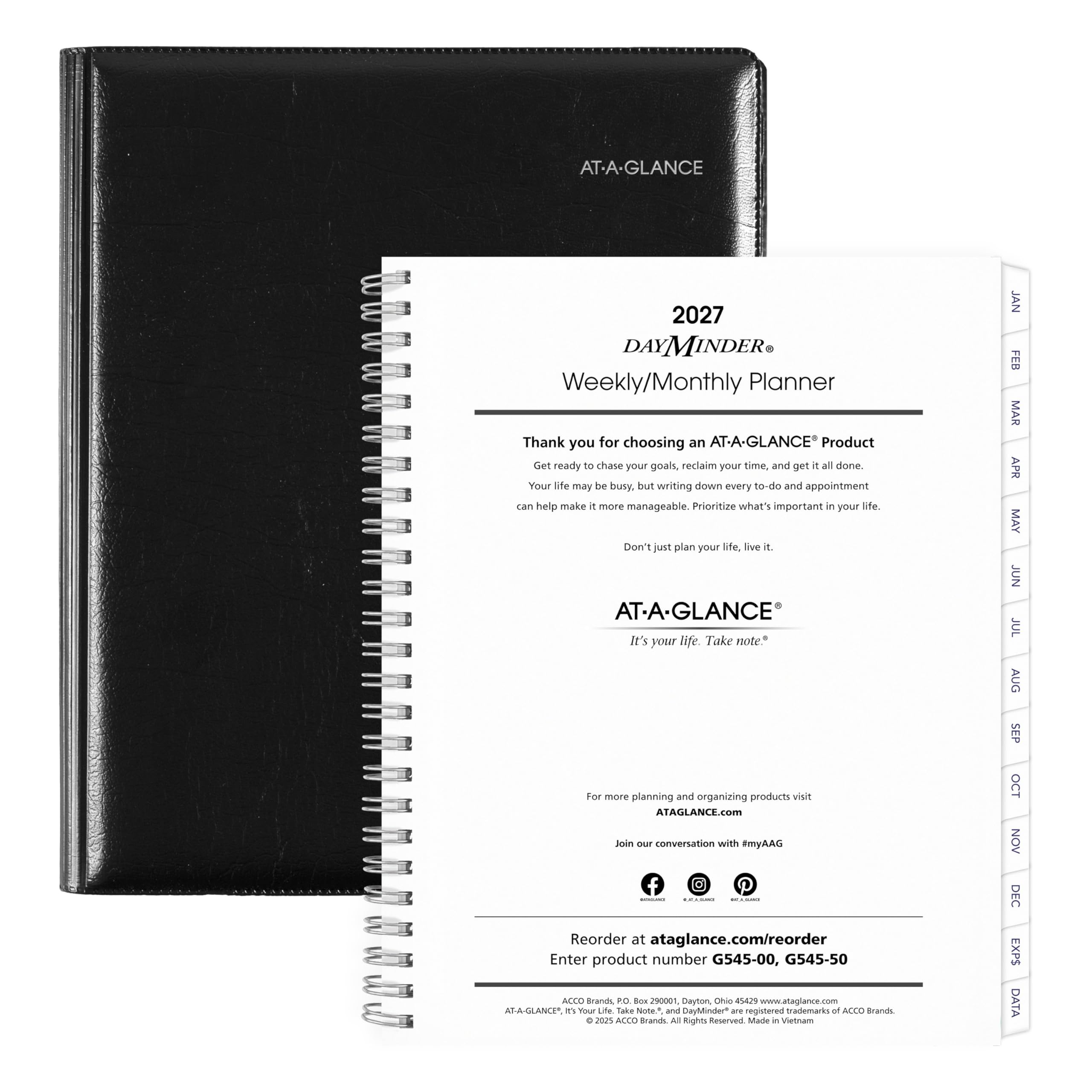 AT-A-GLANCE Agenda 2027 recargable, semanal y mensual, 7.5 x 9.25 pulgadas, ejecutiva, DayMinder, color negro (G5450027)
