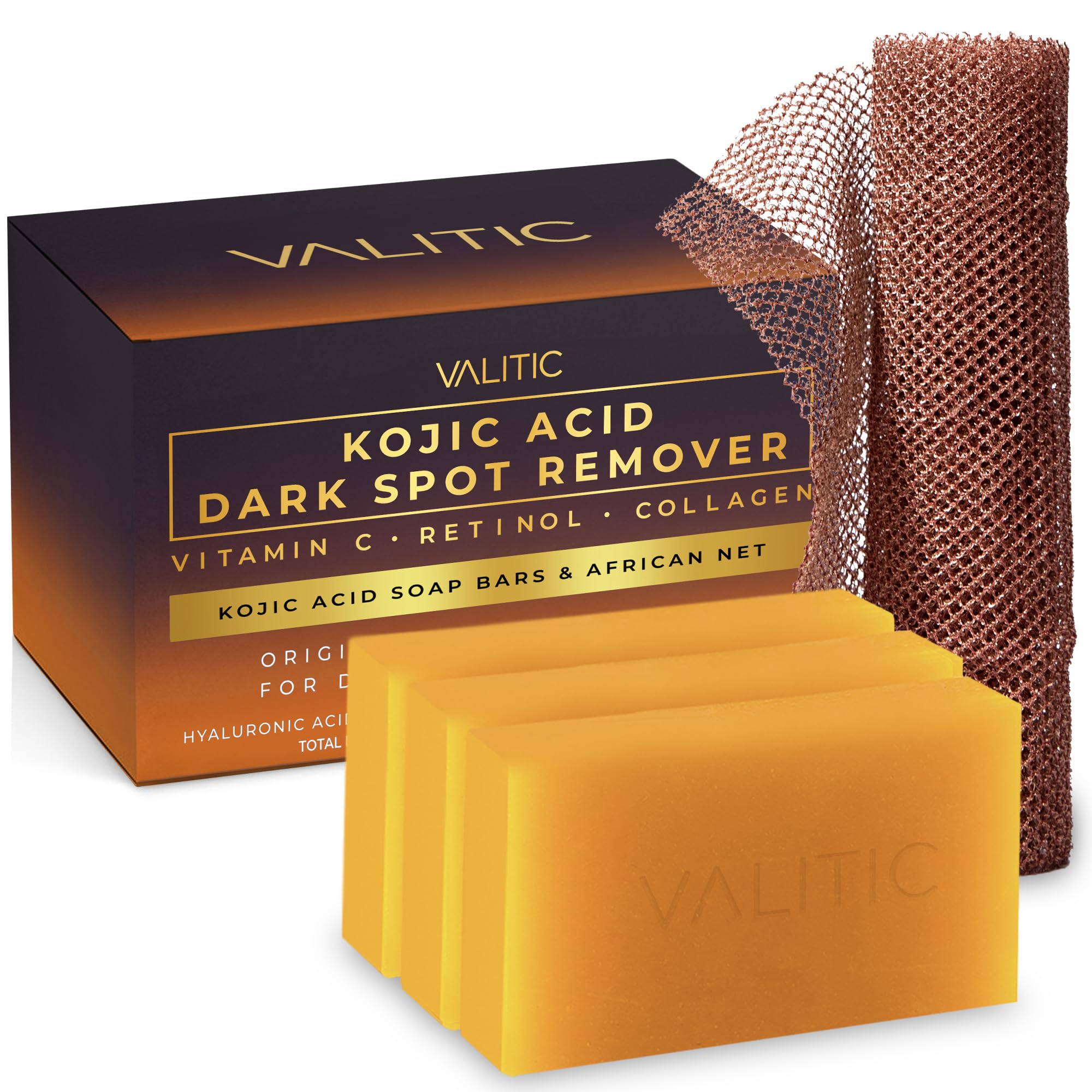 VALITIC Kojic Acid Dark Spot Remover Soap with Turmeric, Vitamin C, Retinol - Original Japanese Complex - Hyaluronic Acid, Vitamin E, Shea Butter, Castile Olive Oil - 3 Pack Bundle with African Net