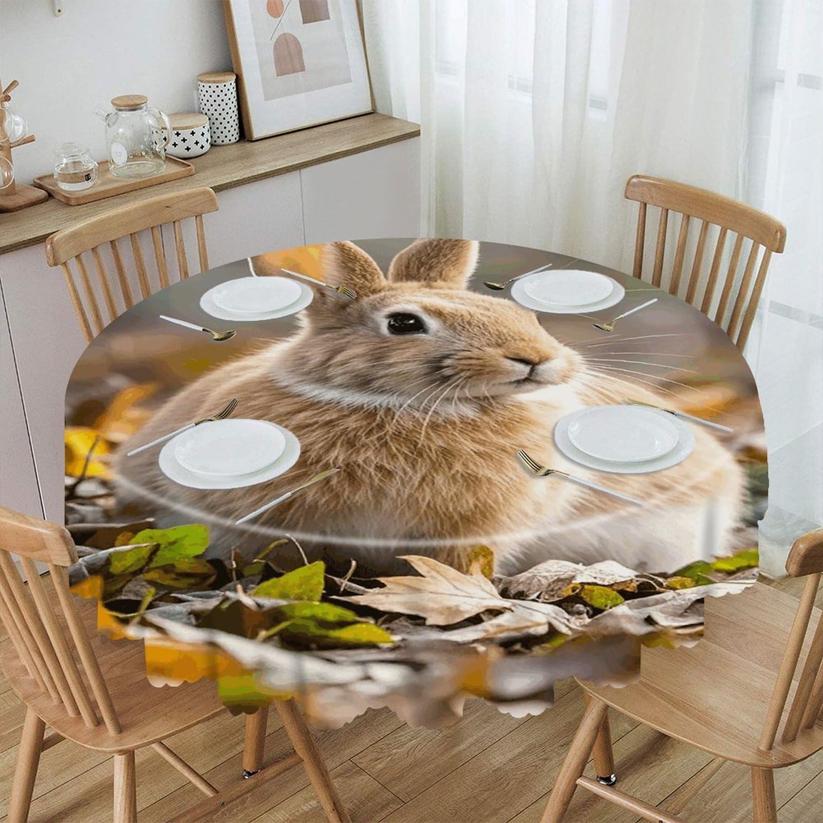 LZQPOEAS Rabbit in Leaves Round Tablecloth Rustic Circle Table Cloth Wrinkle Resistant Decor Tablecloth Waterproof Washable Table Cover for Kitchen Party Dining Table 60 Inch