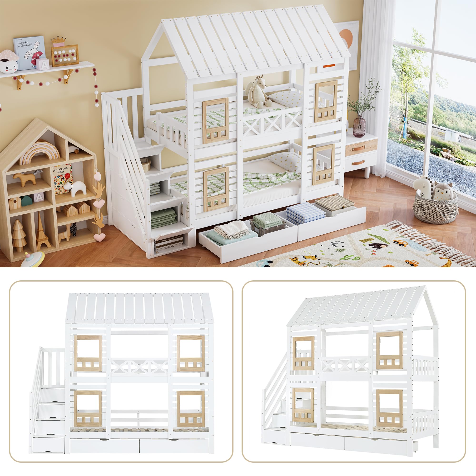 Wiuzo Lettino a castello, letto per bambini, con griglia di protezione anticaduta, due cassetti con ruote, scale con 4 ripiani, con finestra, pino+MDF, bianco e naturale, 90 x 200 cm