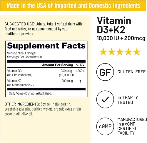 Miniatura 5 de NatureWise Vitamina D3 10,000 UI más K2 (MK-7) 200 mcg con aceite de coco orgánico extra virgen - Apoya la absorción de calcio, la salud de los
