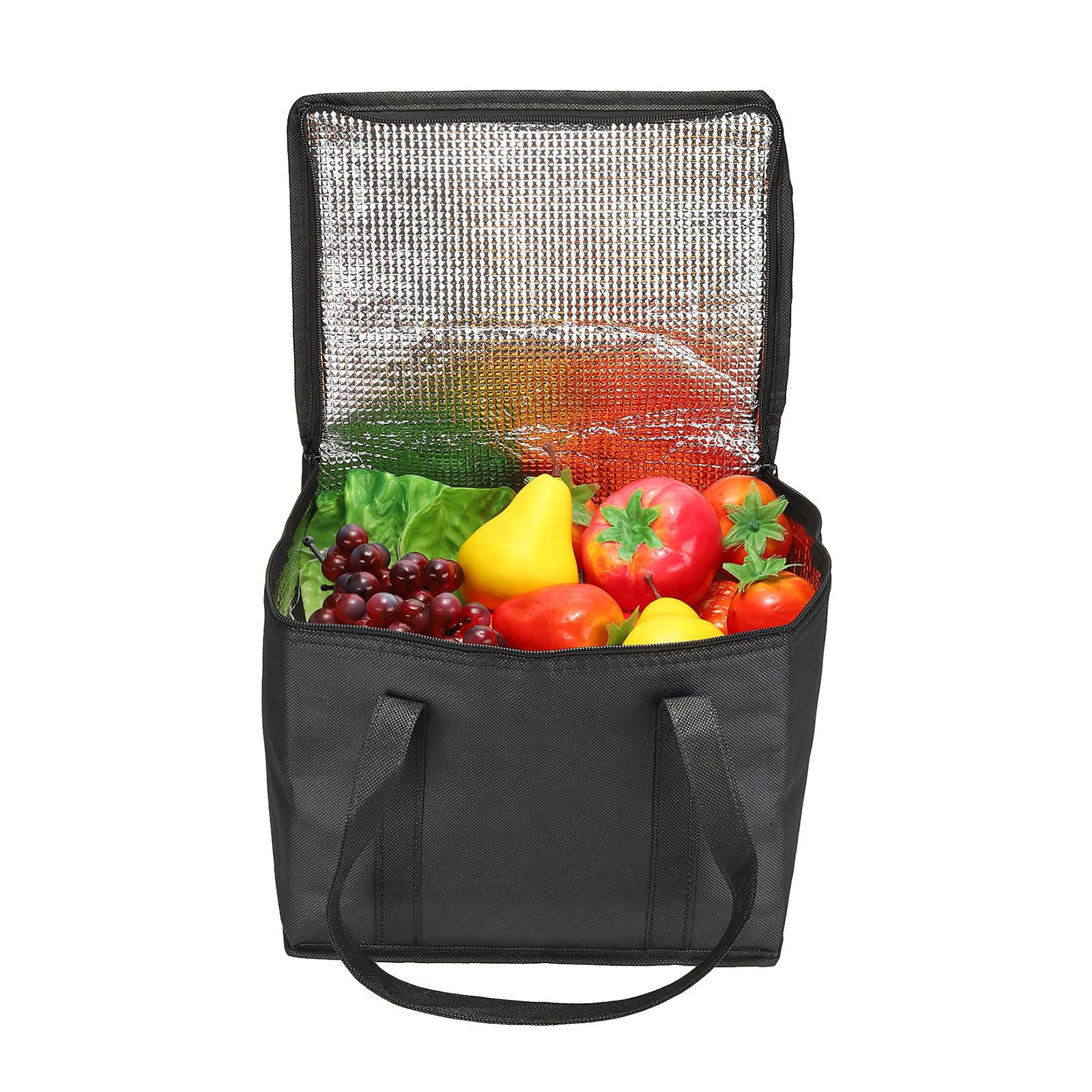 PATIKIL 20.1"x10"x13" Térmica Reutilizable Comestibles Bolsa, 2 Paquete Comida Reperto Aislada Enfriador Mano Bolsa con Cremallera Plegable para Caliente Frío Transporte Compras, Negro