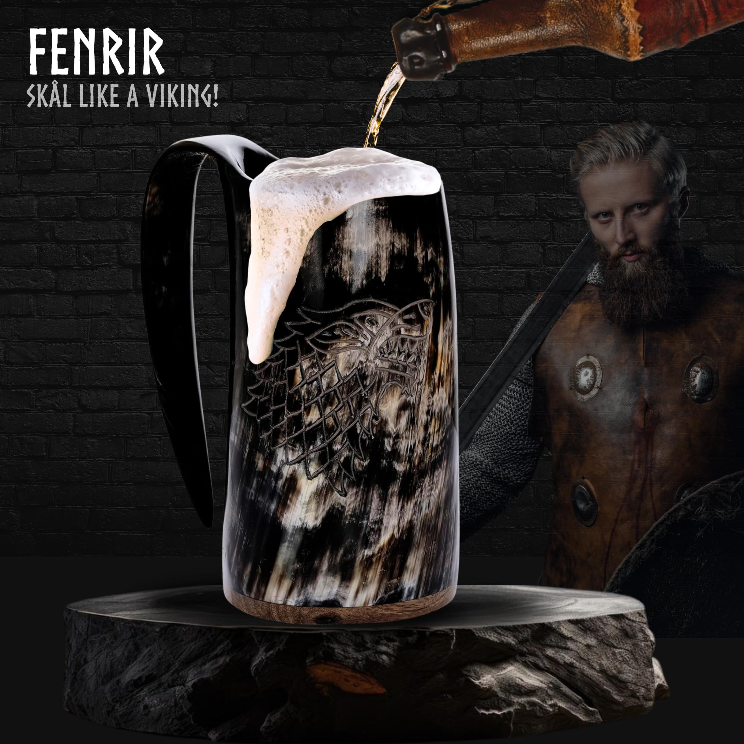 Fenrir Premium Viking Wolf Natürliches Trinkhorn Becher mit kurzem Glas und Flaschenöffner für Ale Beer Kaltgetränke (473 ml) – 3-teiliges Set