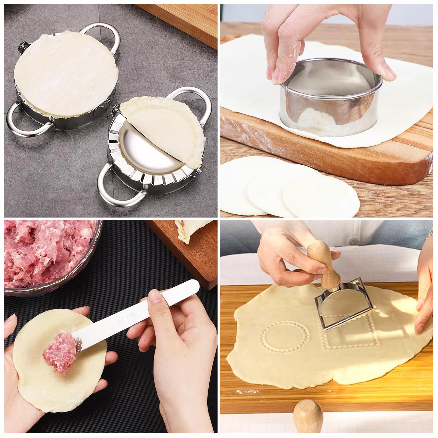 Raviolimesser-Set (6er-Set) Mit Knödelformer Aus Edelstahl Und Teigrad. Aus Hochwertigem Eichenholz Und Edelstahl. Ideal Für Ravioli,Polnische Knödel,Nudeln Und Mehr