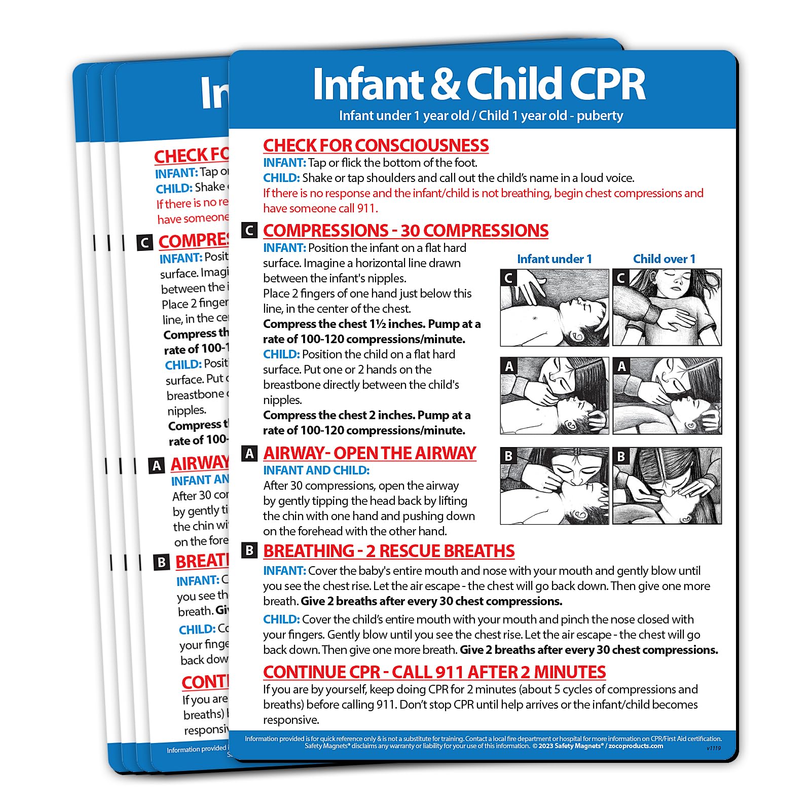 Safety Magnets by ZOCO – Infant and Child CPR Magnet (5-Pack) – 5"x7" Emergency First Aid Guide with Step-by-Step Instructions – CPR Reference for Homes, Daycares, Schools, and Parents