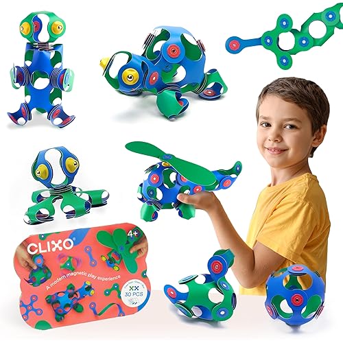 Clixo Crew 30 Piece Pack - The Flexible, Durable, Imagination-Boosting Magnetic Building Toy - Modern, Modular Designs for Hours of STEM Play. A Multi-Sensory Magnet Toy Experience Anywhere! Ages 4-99