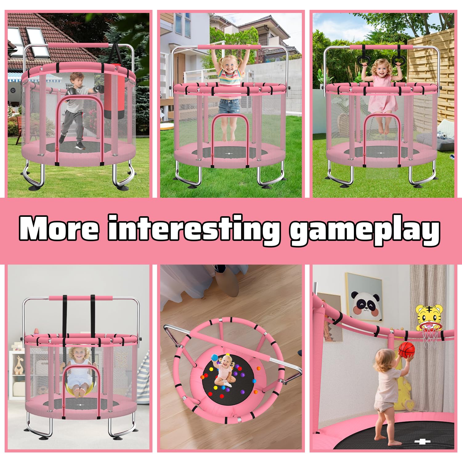 Maxbinton Trampoline pour Enfants 140 cm intérieur/extérieur – Charge maximale 50 kg avec Filet de sécurité, Barre de Gymnastique réglable et Panier de Basket, Cadeau pour garçons et Filles - 4