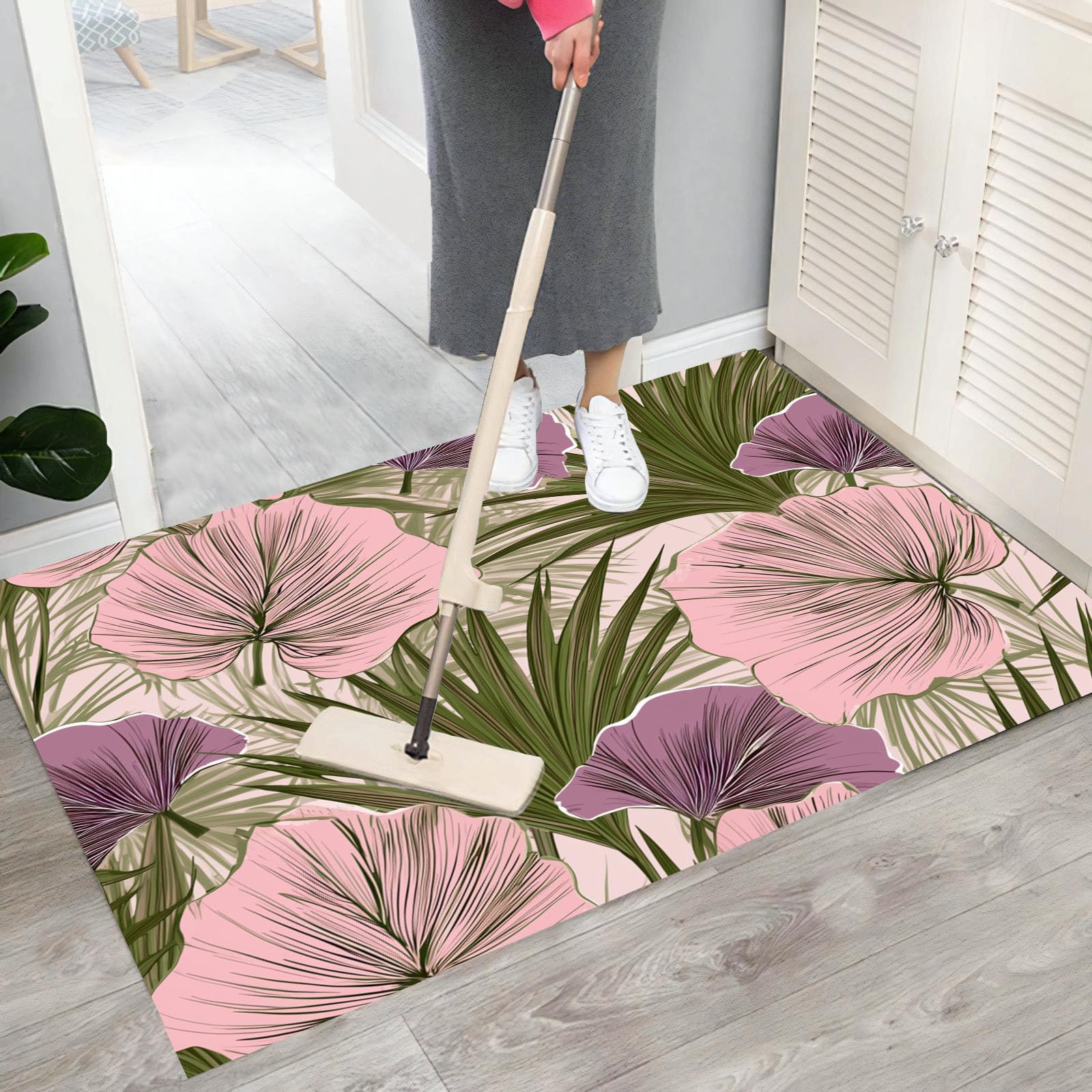 Tapis Feuilles De Palmier Tropicales 90X150Cm en Fausse Laine Vert Olive pour Salle De Bain Cuisine, Petit Paillasson D'Entrée D'Intérieur, Plantes Vintage, Tapis De Sol Antidérapant Lavable
