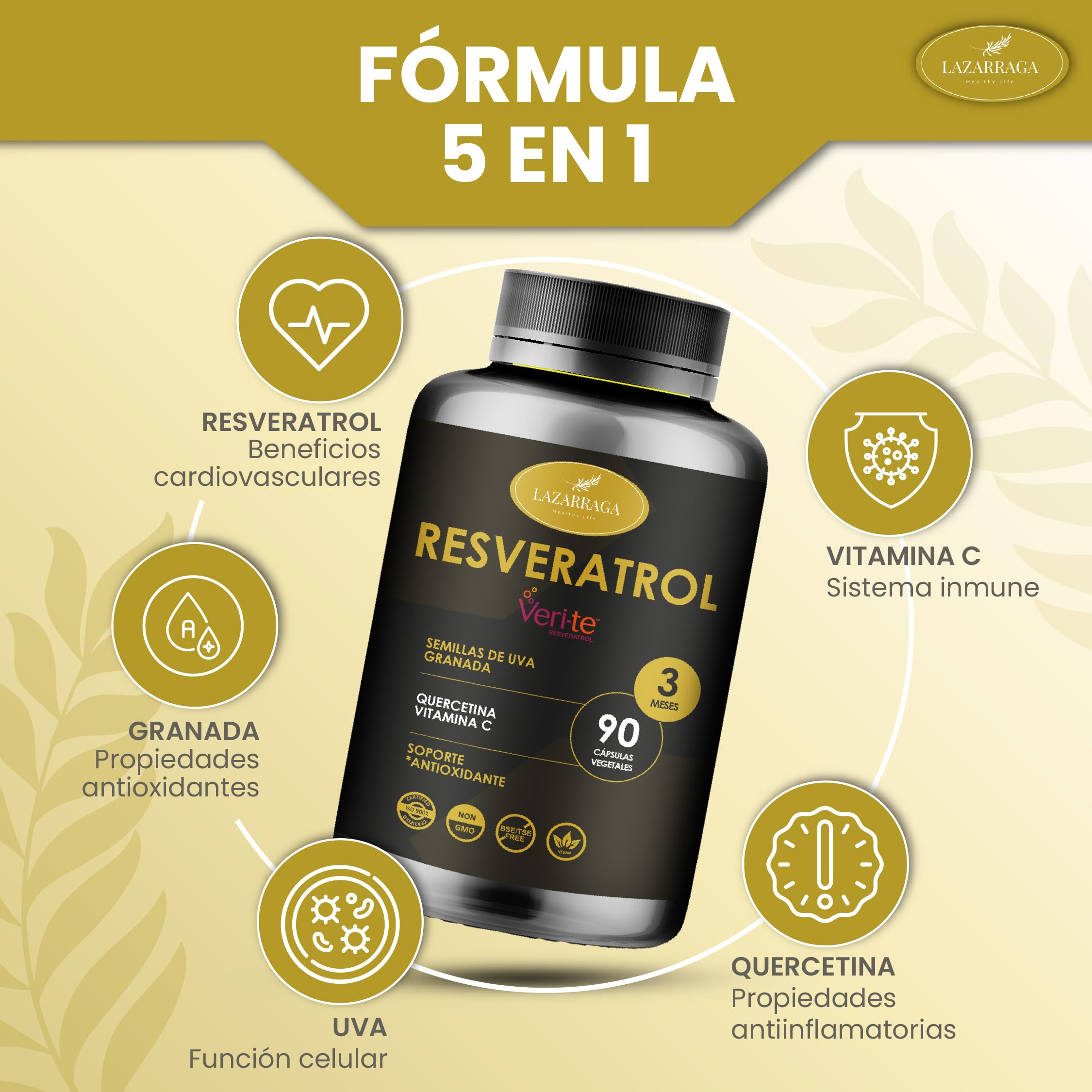RESVERATROL POTENTE 5 EN 1 | Antioxidante Natural Puro y Antienvejecimiento | Granada + Uva + Quercetina + Vitamina C | Apoyo Cardiovascular y Sistema Inmune | 90 Cápsulas Vegano | 3 Meses | Lazarraga