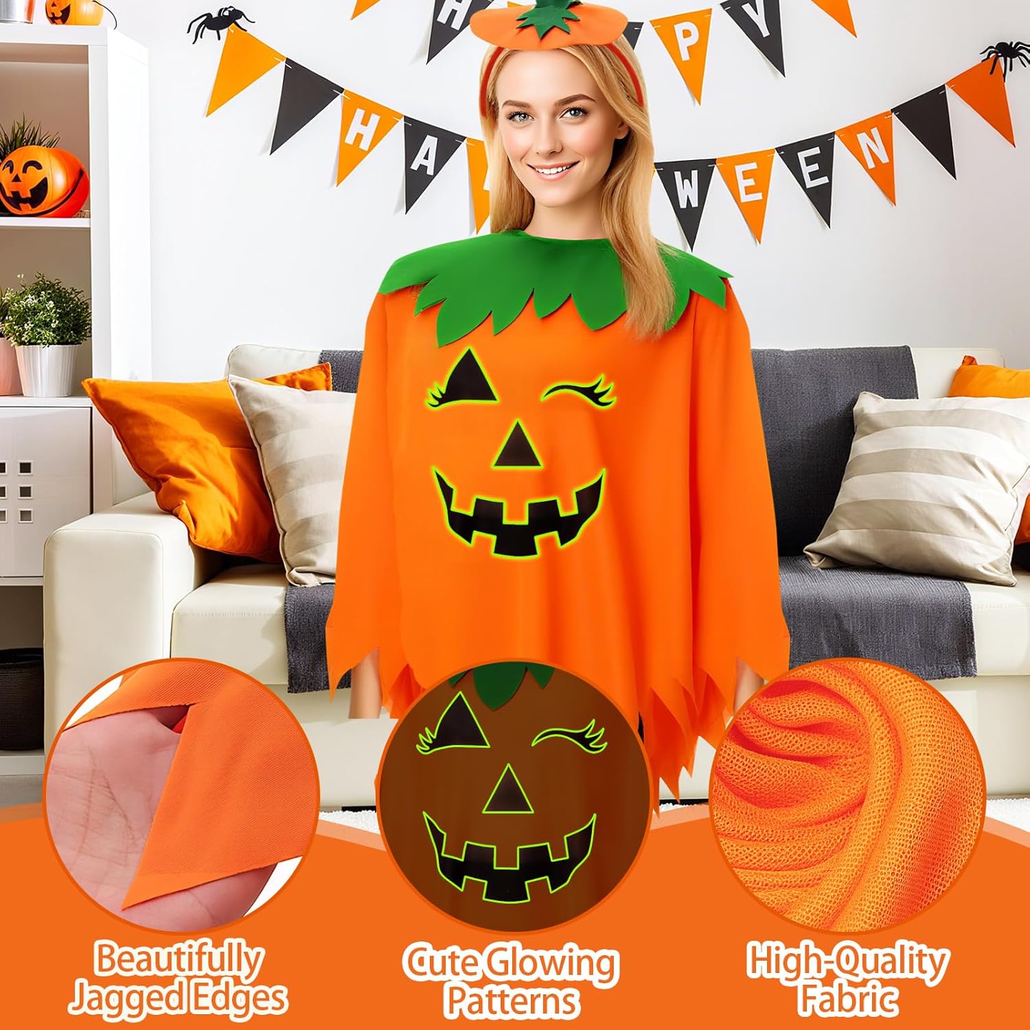 Halloween Pumpkin Costume for Women, 3 PCS Glow in the Dark Pumpkin Poncho with Headband Bag,Halloween Costume Set for Costume Party - Image 4