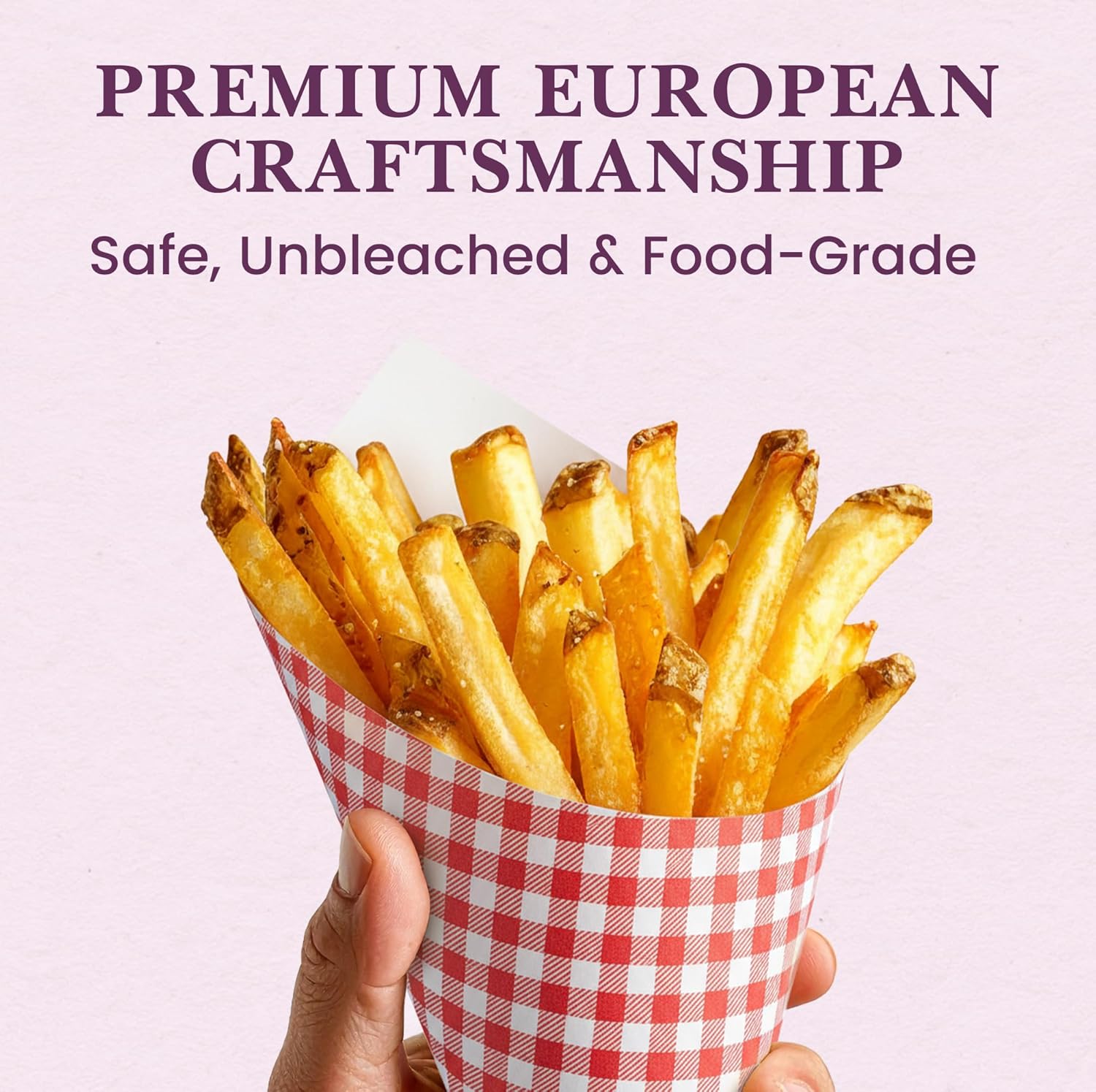 Friteshop Red & White Check Paper Cones K-20 X Large 12.5 oz - Disposable, Grease Absorbing - Full Portion French Fries Holder, Takeaway Food Packaging - Durable European Made Snack Holder - 100 Count