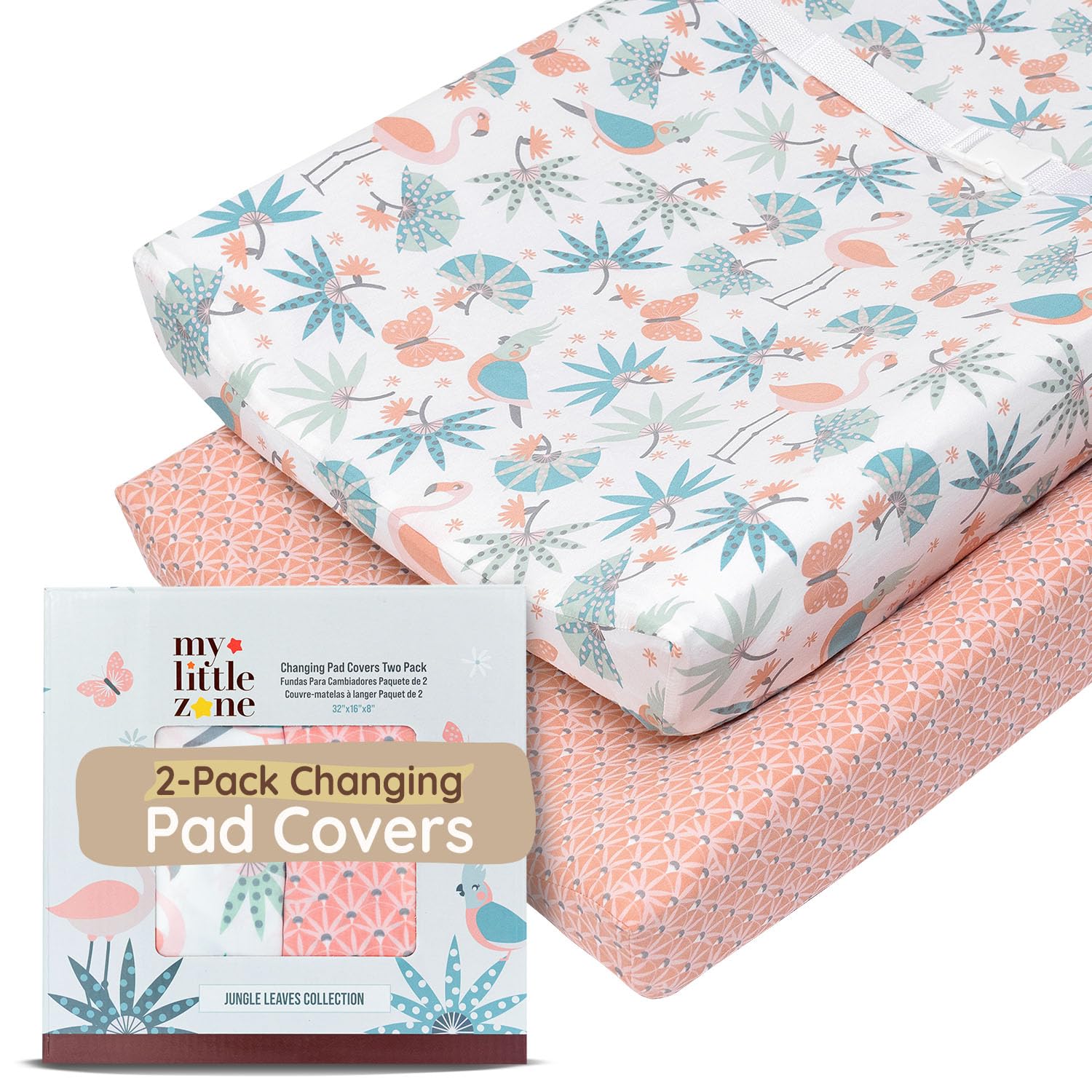 my little zone baby changing pad covers jungle flamingo cotton changing table mattress pad for baby girls, 2 pack