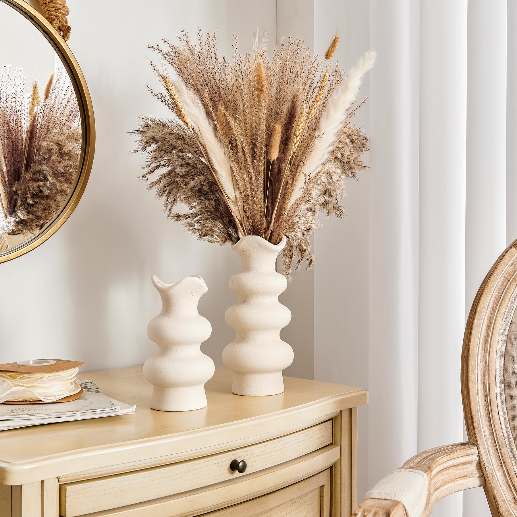 Ngardk Modern Decorative White Ceramic Vases for Home Decor 8.3 Inch, Abstract Minimalist Vase for Pampas Grass, Boho Flower Vase, Aesthetic Cream Vase