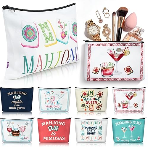 APUDWN Mahjong Makeup Bag for Women, 9 Styles Canvas Cosmetic Organizer with Mah