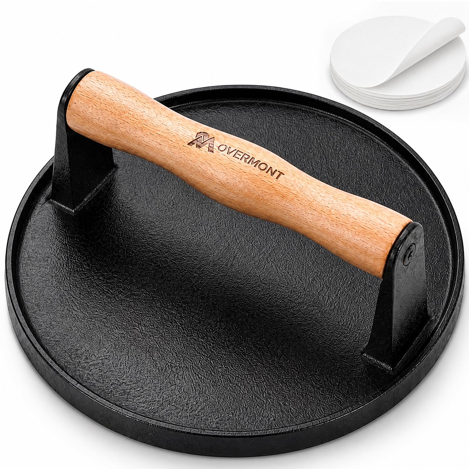 Overmont 7" Round Smash Burger Press - Cast Iron Smasher with Patty Paper | Heavy-Duty Hamburger Bacon Meat Press with Wood Handle Flat Bottom, Pre-Seasoned Heat Resistant for Griddle Grill BBQ