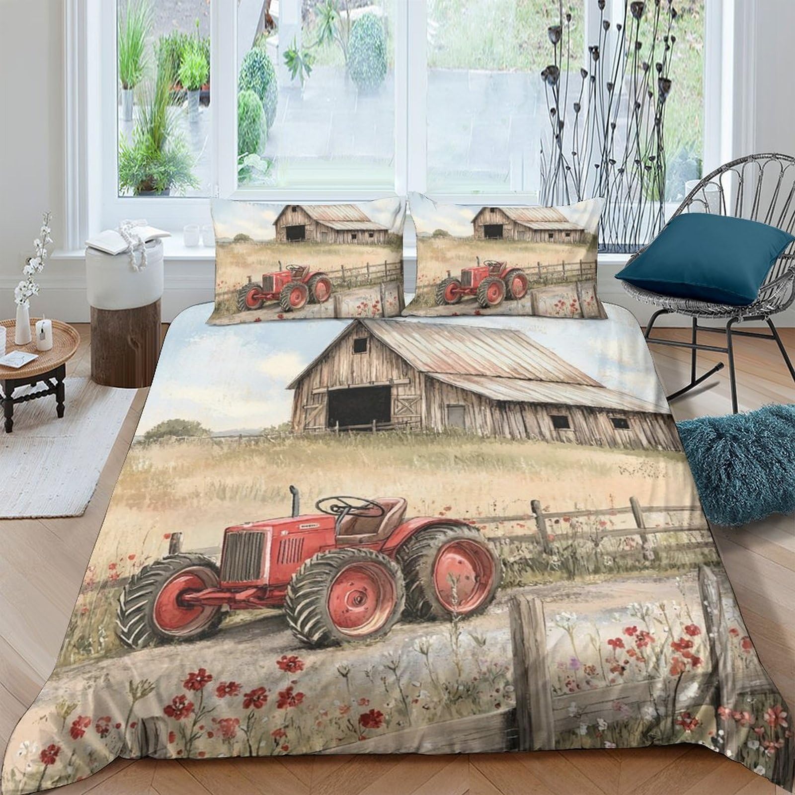 Ctjqhvkz Style-6 3D Printed Red Tractor Barn Fitted Sheet Microfiber Soft Farmhouse Hay Bale Mattress Cover Bedroom Decor Single（135X200cm）