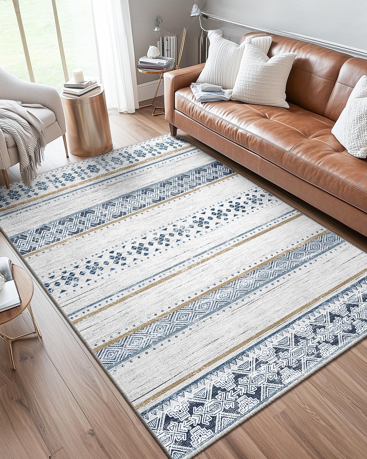 DEFYNEE Alfombra para salón 120x180 cm, Alfombra de Pelo Corto con Motivo geométrico de líneas, Alfombra Suave, Antideslizante y Lavable para salón, Dormitorio y habitación Infantil, Azul-marrón OEKO-TEX STANDARD 100