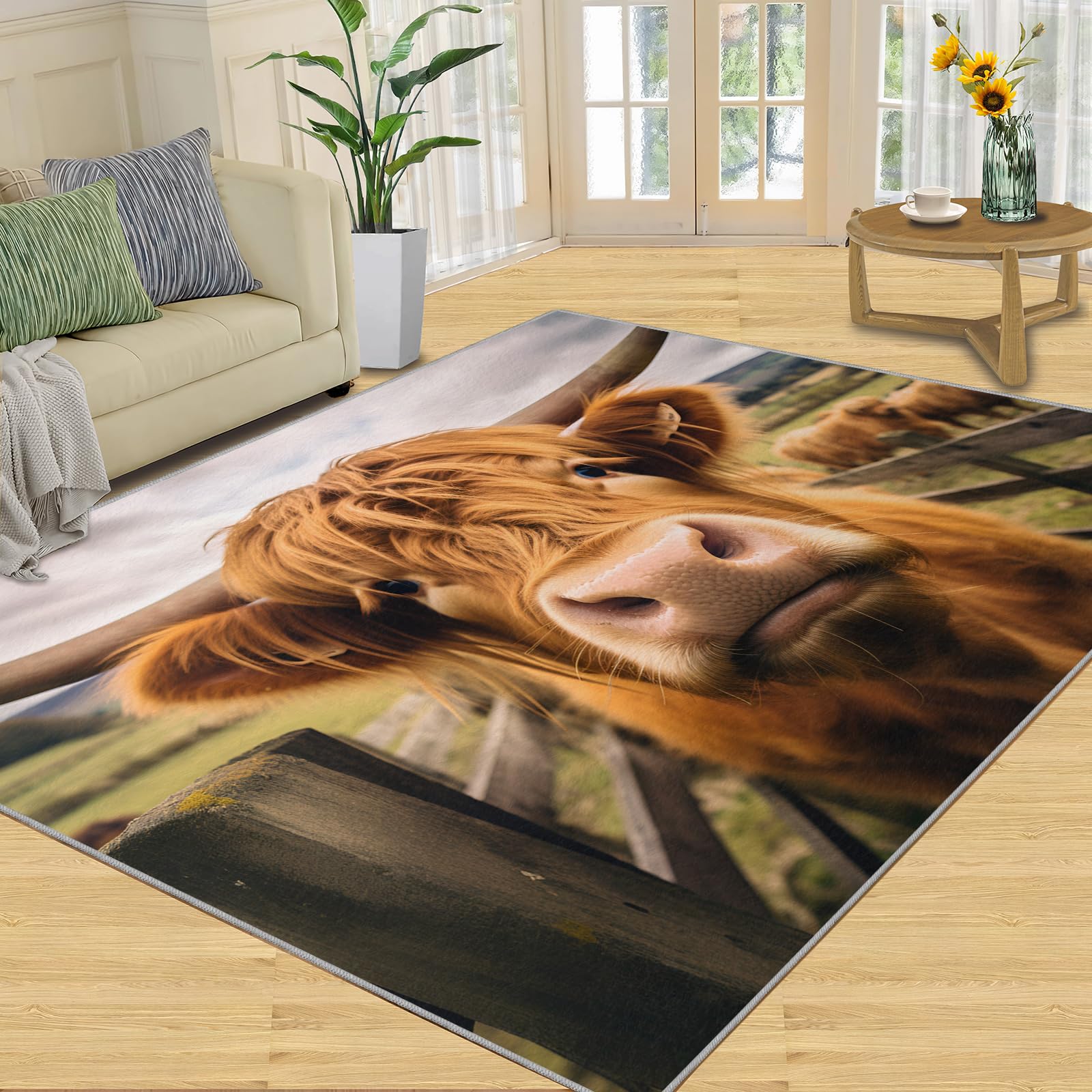 HYGIUID Kitchen Runner - 80 x 150 cm Close-Up Highland Cow Door Runner, Rustic Farm Longhorn Bedroom Rugs Non Slip Anti Fatigue for Hall Entrance Hallway Corridor — image 1