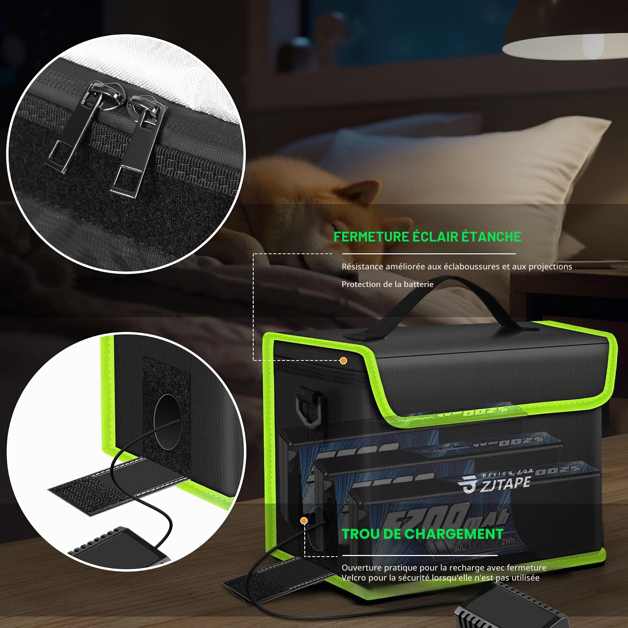 ZJTAPE Sac Lipo Sécurisé Ignifuge, Grand Espace de Stockage, Coffre-Fort, Sac de Batterie Réglable (Noir, Vert)