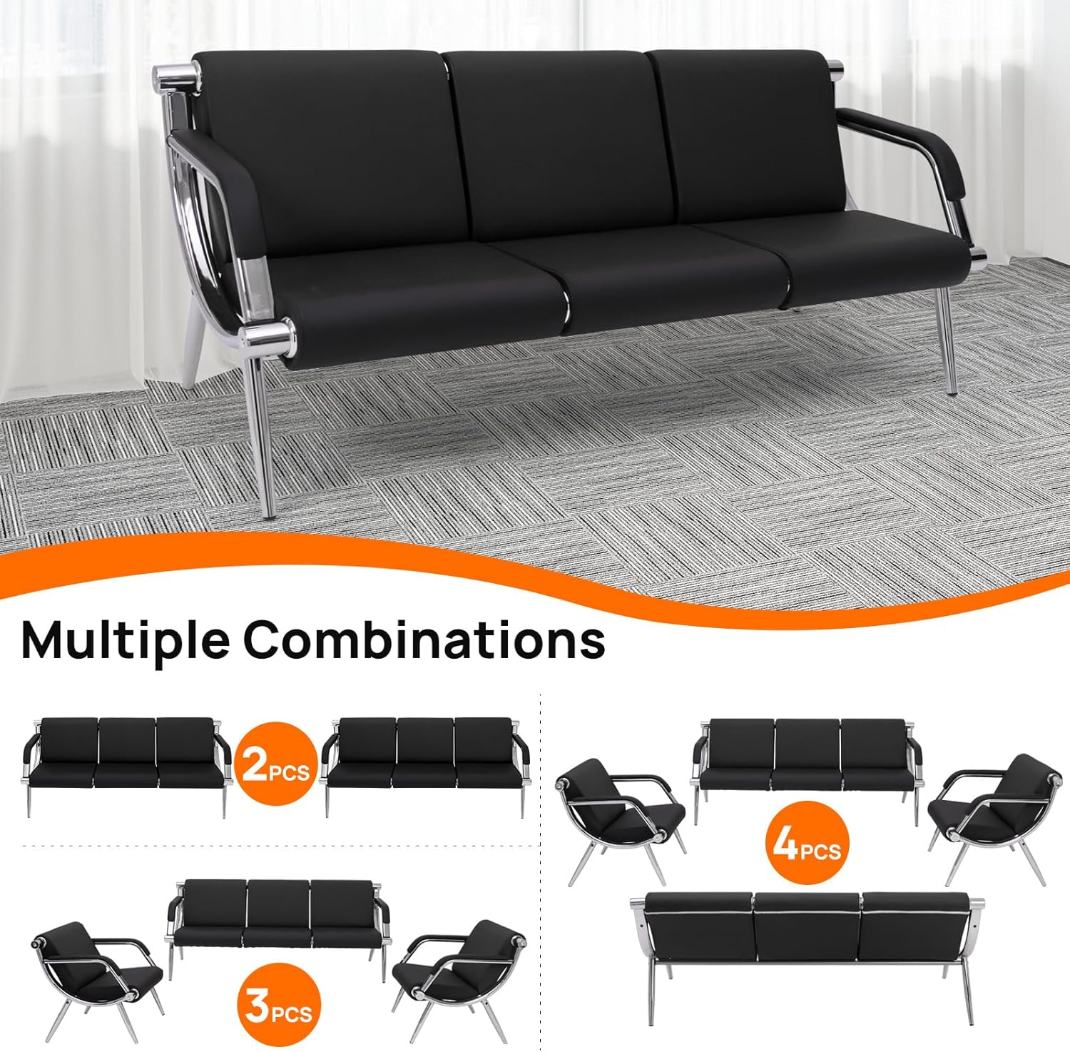 Waiting Room Bench with Armrest, Lobby Conference Reception Bench, PU Leather Office Furniture,Office Guest Seating for Clinic,Airport,Hospital,Barber,Salon,Bank (Chrome & Black, 3-Seat)