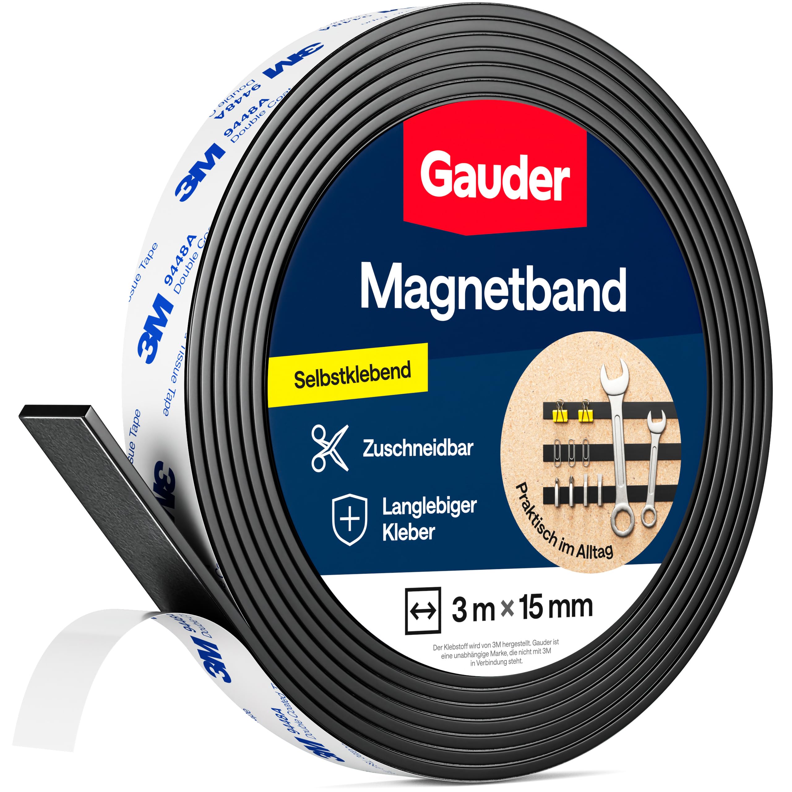 GAUDER Magnetband selbstklebend mit 3M-Kleber - Stark haftender Magnetstreifen zuschneidbar - Magnetklebeband mit hoher Magnetkraft & zuverlässiger 3M-Klebeschicht (3 m x 15 mm)