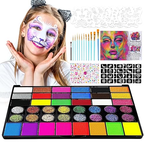 Kit de pintura facial de 42 colores para niños, kit de paleta de pintura facial de agua no tóxica profesional con pinceles, plantillas, gemas,