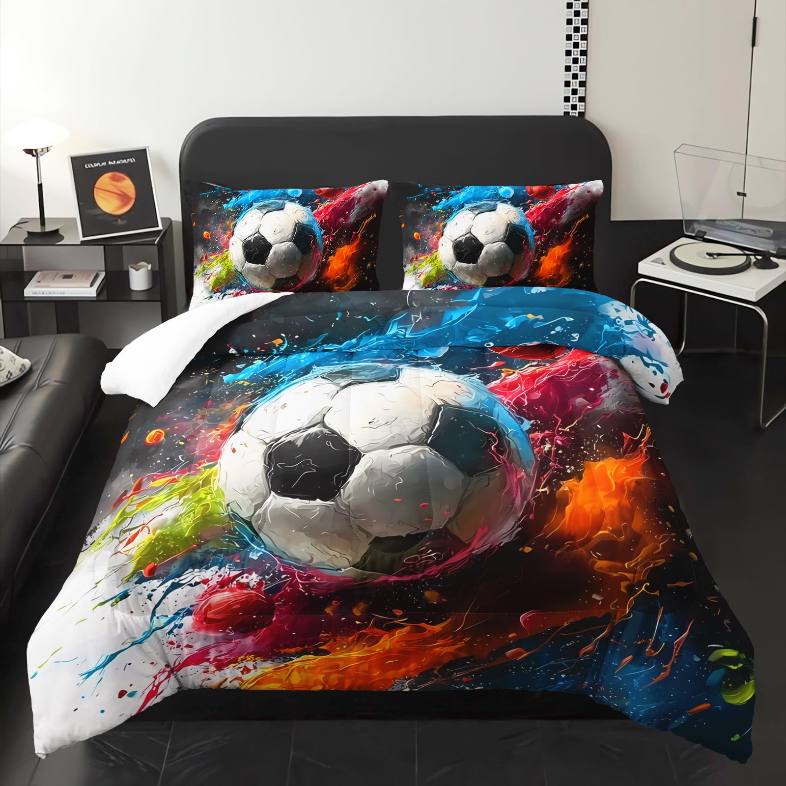 Soccer Comforter Twin Size,Sport Kids Comforter Set,3Pcs Bedding Set Printed Comforter with 2 Pillowcases,Down Alternative,Soft and Lightweight,for All Seasons